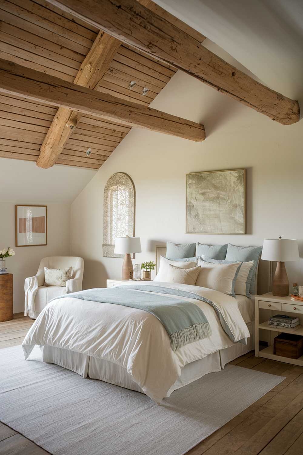 A cozy earthy bedroom. The room has a wooden plank ceiling, white walls, and a large wooden beam above the bed. The bed is made with a white duvet and pale blue sheets. There is a white chair in the corner, and a white lamp on the nightstand. The room has a few personal items, such as a pale blue throw pillow and a wooden box. The floor is made of wooden planks.