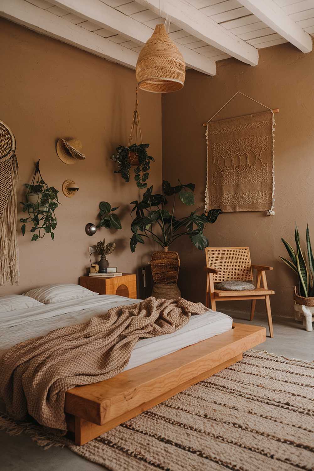 A cozy earthy bedroom design with a natural aesthetic. The room features a wooden platform bed with a woven blanket. There's a wooden chair in the corner. The walls are adorned with plants and a piece of art. The floor is covered with a rug made of natural fibers.