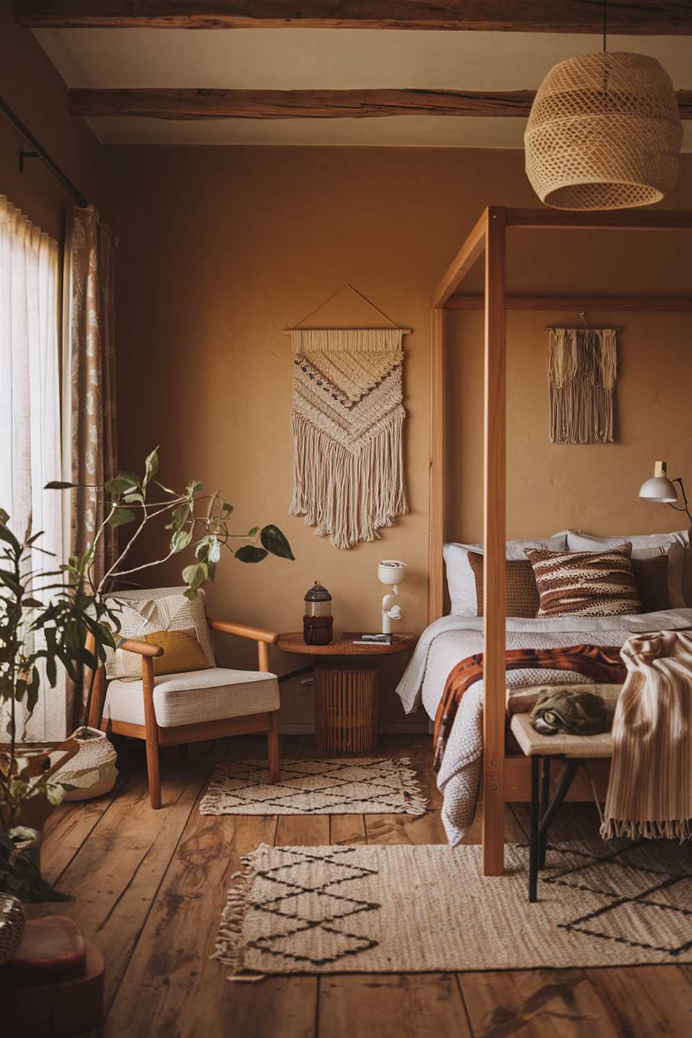 A cozy earthy bedroom with a natural design and decor. The room has a wooden floor and is furnished with a wooden bed, a bedside table, and a chair. There is a plant near the window. The walls are painted in a warm beige tone, and the room has a few decorative items, including a lamp and a wall hanging. The room has a few pieces of clothing on a hanger near the bed.