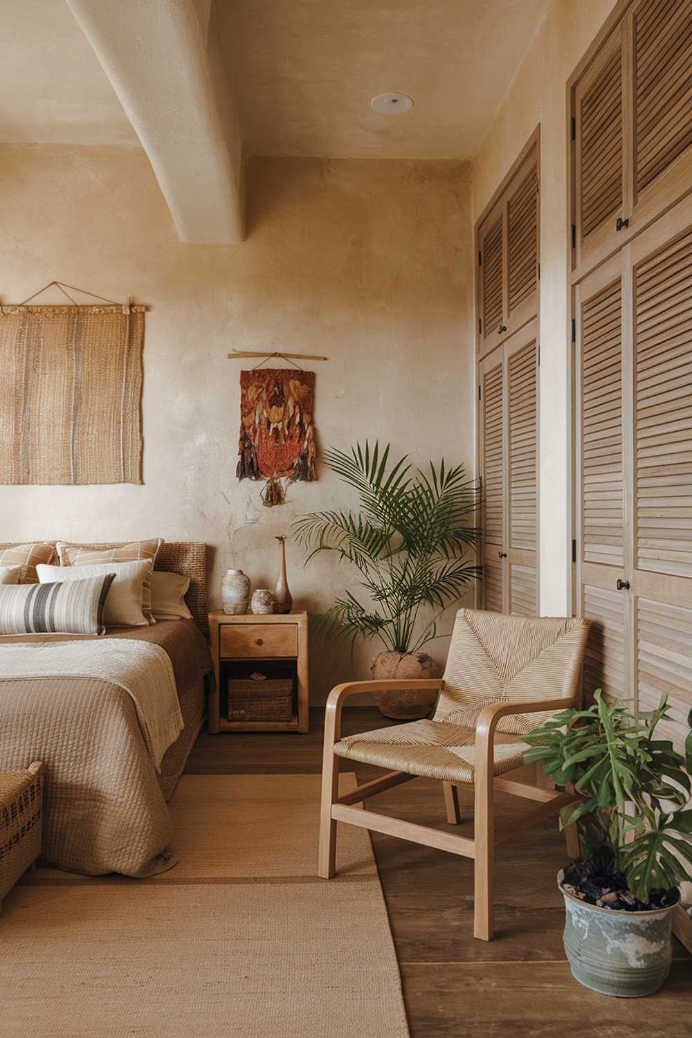 A natural and cozy earthy bedroom with earth tones. The room has a wooden floor and is furnished with a bed, a nightstand, a chair, and a closet. The walls have a beige hue and are adorned with a few pieces of artwork. The room has a few potted plants. The lighting is soft.