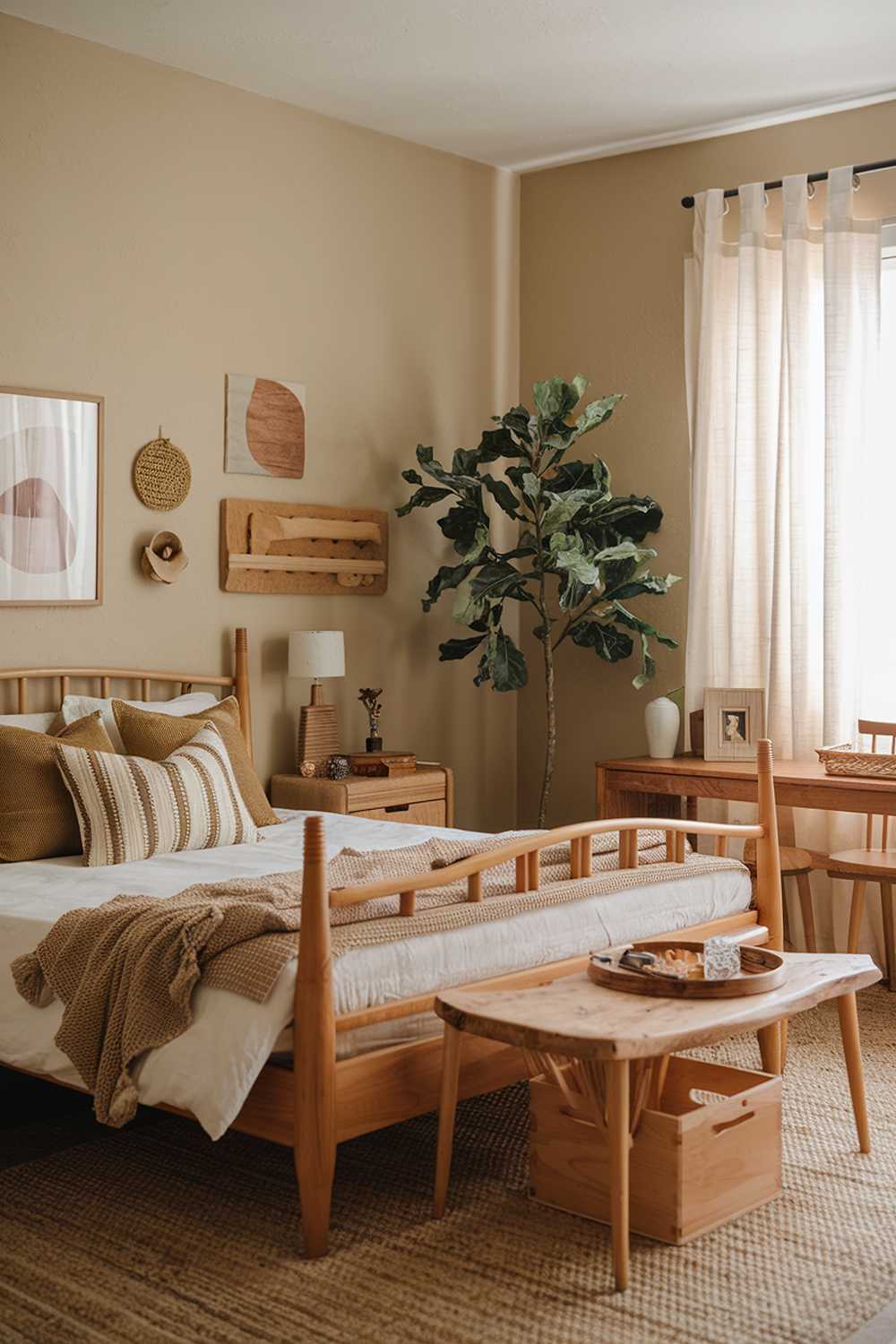 A natural and cozy earthy bedroom design with a wooden bed, a woven rug, a plant, and a few wooden furniture pieces. The walls are painted in a soft beige hue. There are earthy tones and textures throughout the room, including the bedspread, curtains, and decorative pillows. The room has a few personal items, such as a lamp, a picture frame, and a wooden box. The lighting is soft.