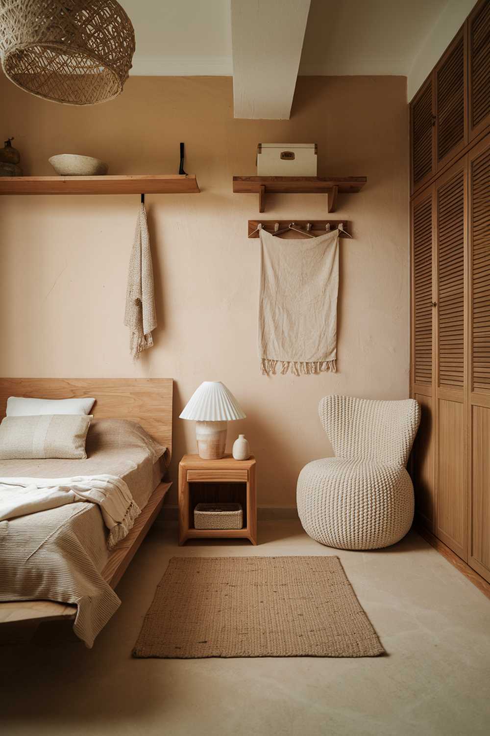 A cozy earthy bedroom. The room has a wooden floor and beige walls. There is a wooden bed with a beige blanket and a white pillow. Next to the bed, there's a wooden nightstand with a white lamp and a beige vase. There's a beige rug on the floor. A white chair is placed in the corner. The room has a wooden wardrobe. The walls have a few hanging items, including a wooden shelf, a white box, and a beige cloth. The room has a warm lighting.