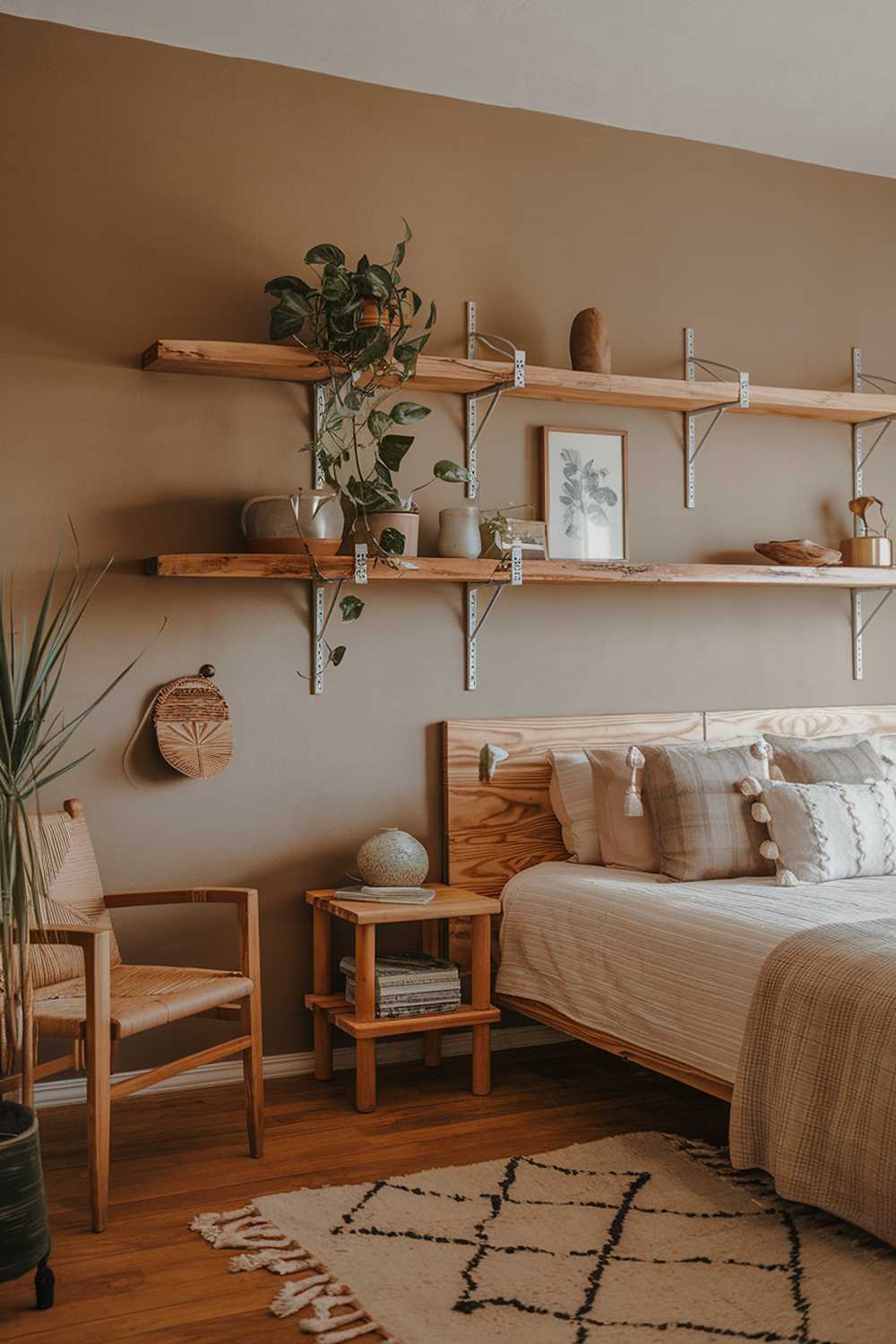 A cozy earthy bedroom with a natural design. The room has a wooden floor and is furnished with a wooden bedframe and a few wooden shelves. There's a plant on the shelves and a few decorative items. The walls are painted in a muted colour. The room has a few pieces of furniture, including a nightstand and a chair. There are some textiles, such as a rug and some throw pillows. The lighting is soft.