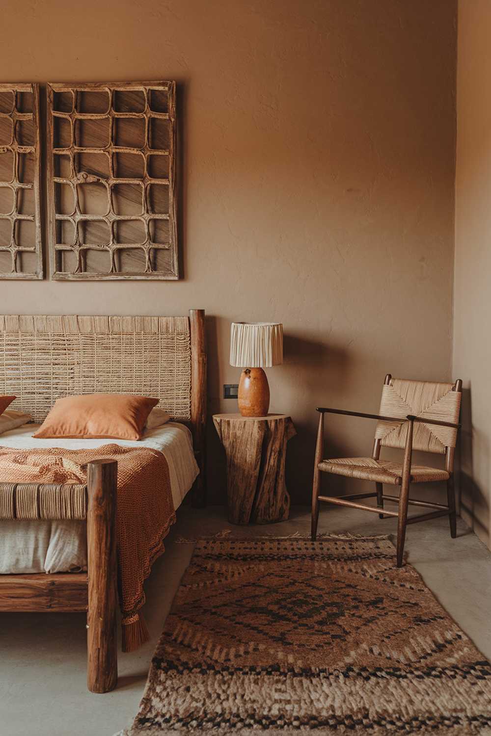 A bedroom with a stylish natural and cozy earthy decor. There is a wooden bed with a woven fabric headboard. Next to the bed, there is a wooden nightstand with a lamp. A large decorative wooden panel is on the wall above the bed. The floor is covered with a rug. There is a wooden chair in the corner. The walls are painted in a muted orange hue.