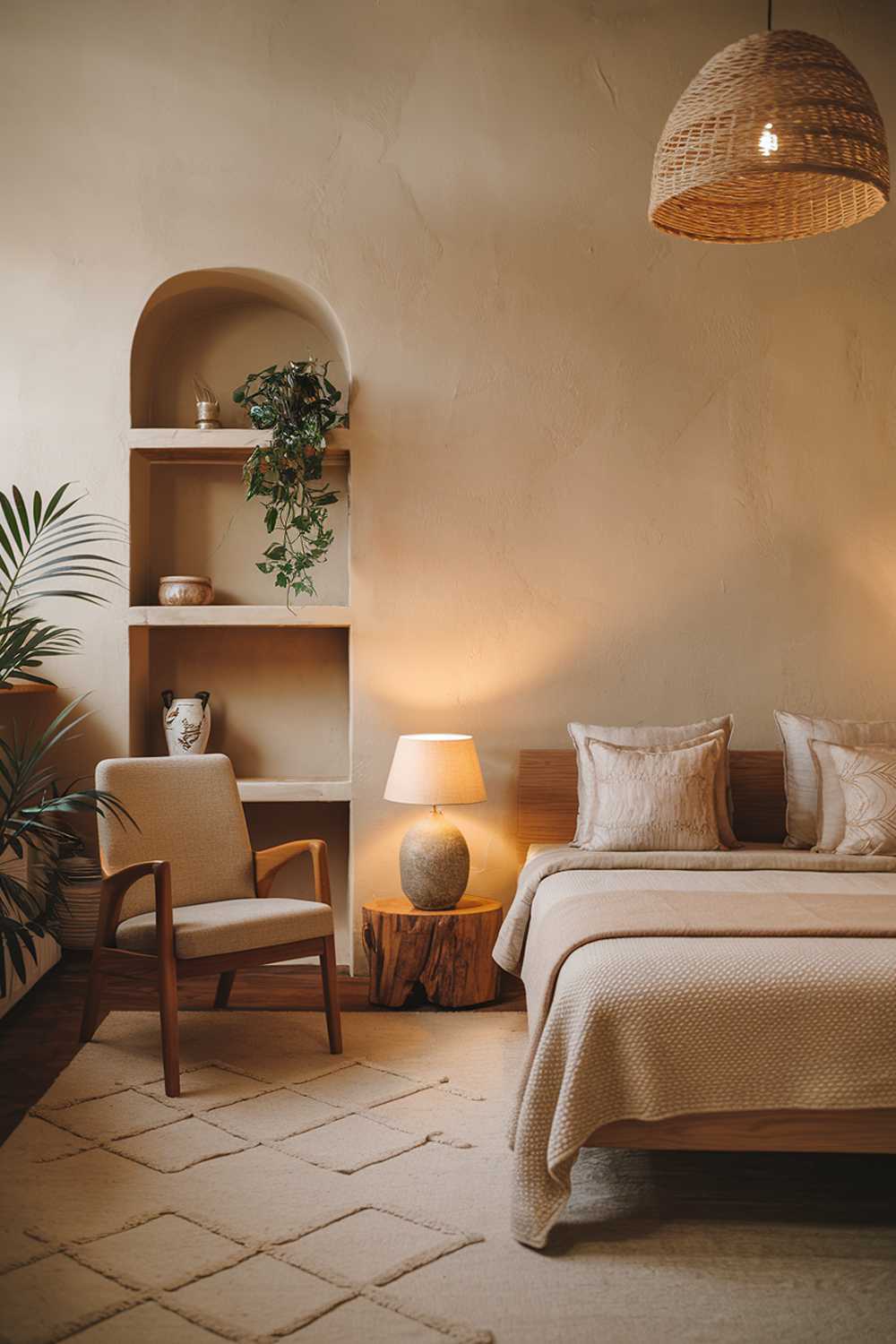 A natural and cozy earthy bedroom design. The room has a beige walls and a wooden floor. There's a wooden bed with a beige blanket and two beige pillows. There's a beige chair with a wooden frame in the room. The room has a plant, a wooden shelf, and a beige lamp. The room has a warm lighting.