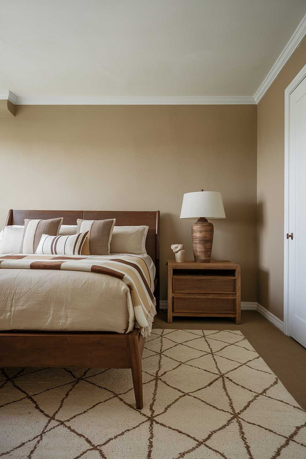 A stylish, natural, and cozy earthy bedroom design and decor. The room has a beige wall, a brown wooden floor, and a white ceiling. There's a brown wooden bed with a white bed frame. The bed has a beige sheet and a beige, brown, and white striped blanket. There's a beige rug underneath the bed. A brown wooden nightstand is placed beside the bed. A white lampshade with a brown base is on the nightstand. A beige and brown area rug covers the floor. The room has a white door. The lighting is soft.