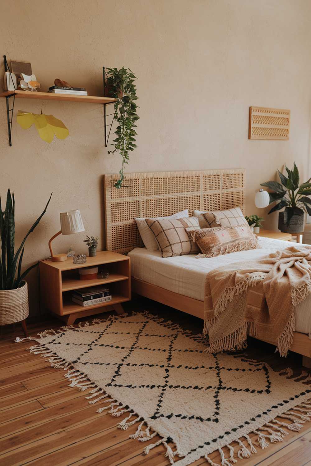 A cozy and earthy bedroom design with a natural color palette. The room has a wooden floor and a few pieces of furniture made of wood. There's a queen-size bed with a woven fabric headboard. The room has a rug with a geometric pattern. There's a nightstand next to the bed, holding a lamp and a plant. The wall has a wooden shelf with a few items. The room has a few potted plants.