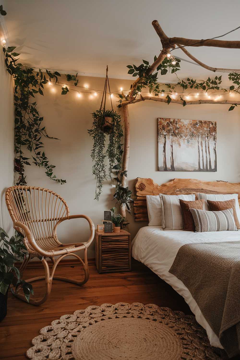 A natural, cozy, earthy bedroom design and decor. The room has a wooden floor, a wooden headboard, and a canopy made of branches. There's a rattan chair in the corner. The walls are adorned with greenery, including a hanging plant and a painting of trees. The room is illuminated by a string of fairy lights wrapped around the branches.