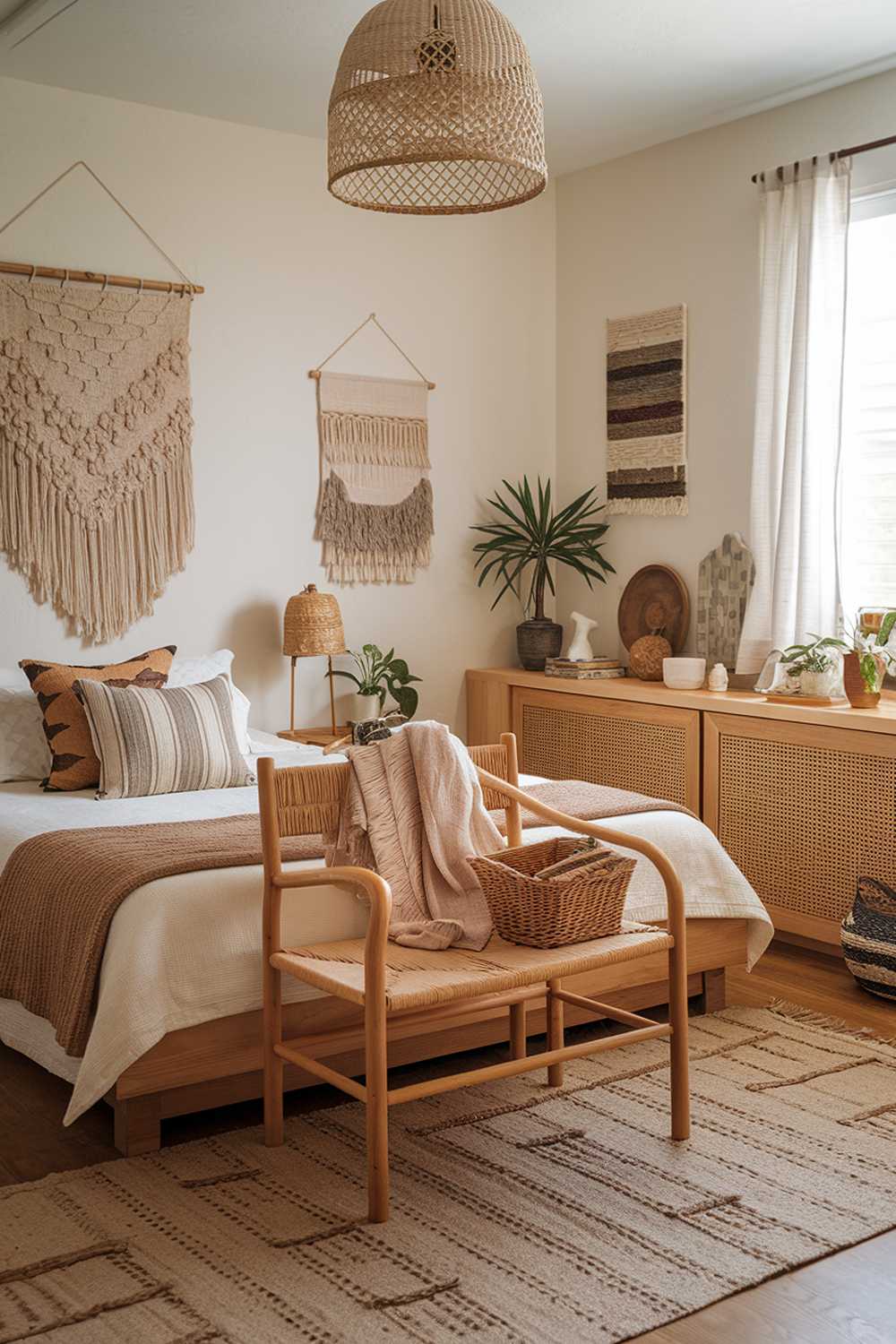 A cozy earthy bedroom design and decor. The room has a wooden floor and features a queen-size bed with a woven rug covering the foot of the bed. A wooden chair with a wicker basket sits at the foot of the bed. The walls are adorned with a woven wall hanging and a few pieces of artwork. The room has a few decorative items, including a ceramic lamp, a wooden tray, and a few plants. There is a window with a white curtain.