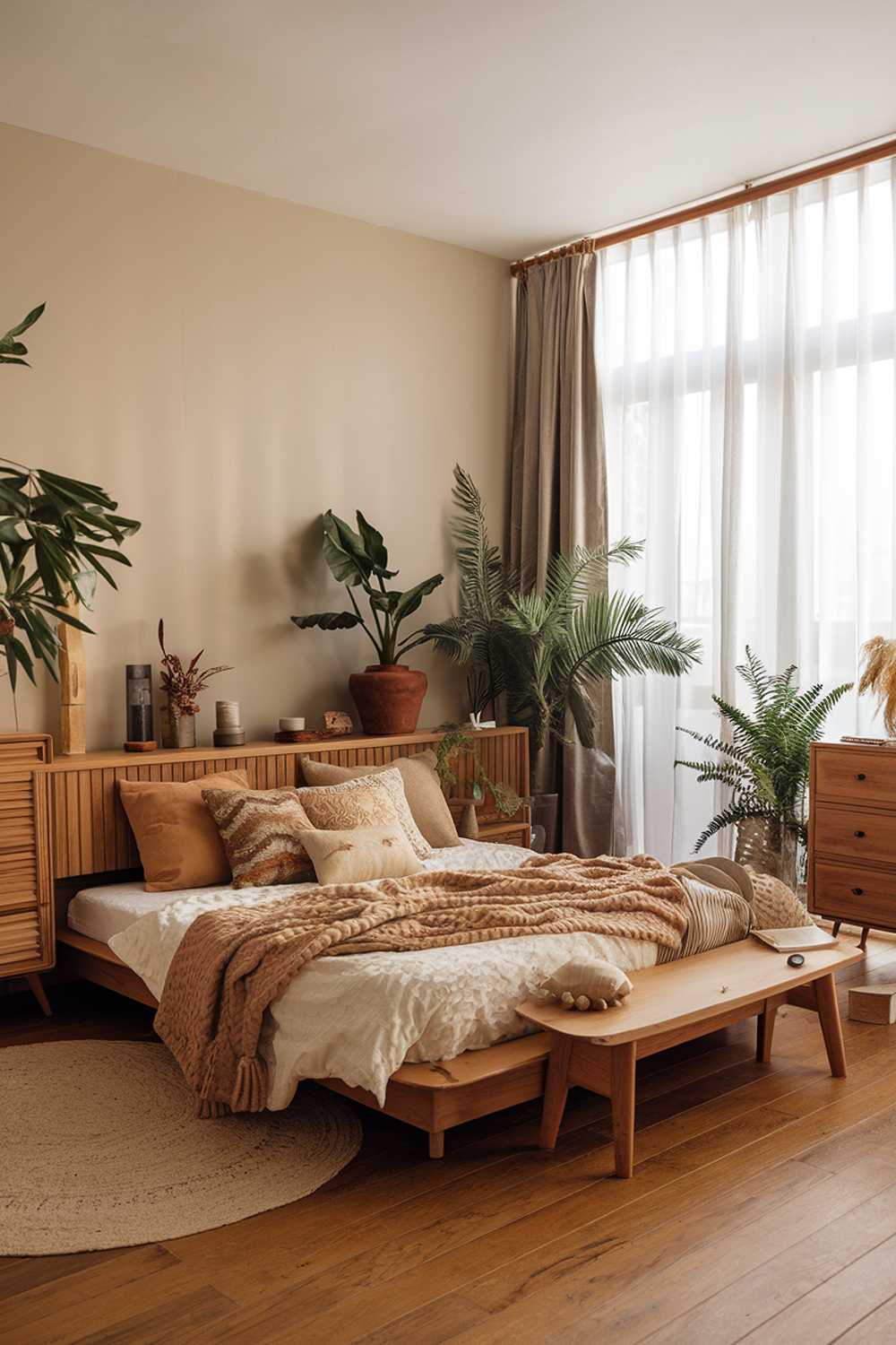 A cozy earthy bedroom design with natural elements. The room has a wooden floor and wooden furniture, including a bed frame, a dresser, and a nightstand. The bed is adorned with plush pillows and a warm blanket. The room has a few potted plants, adding to the earthy vibe. The walls are painted in a soft beige colour. There is a large window with white curtains, allowing natural light to fill the room.