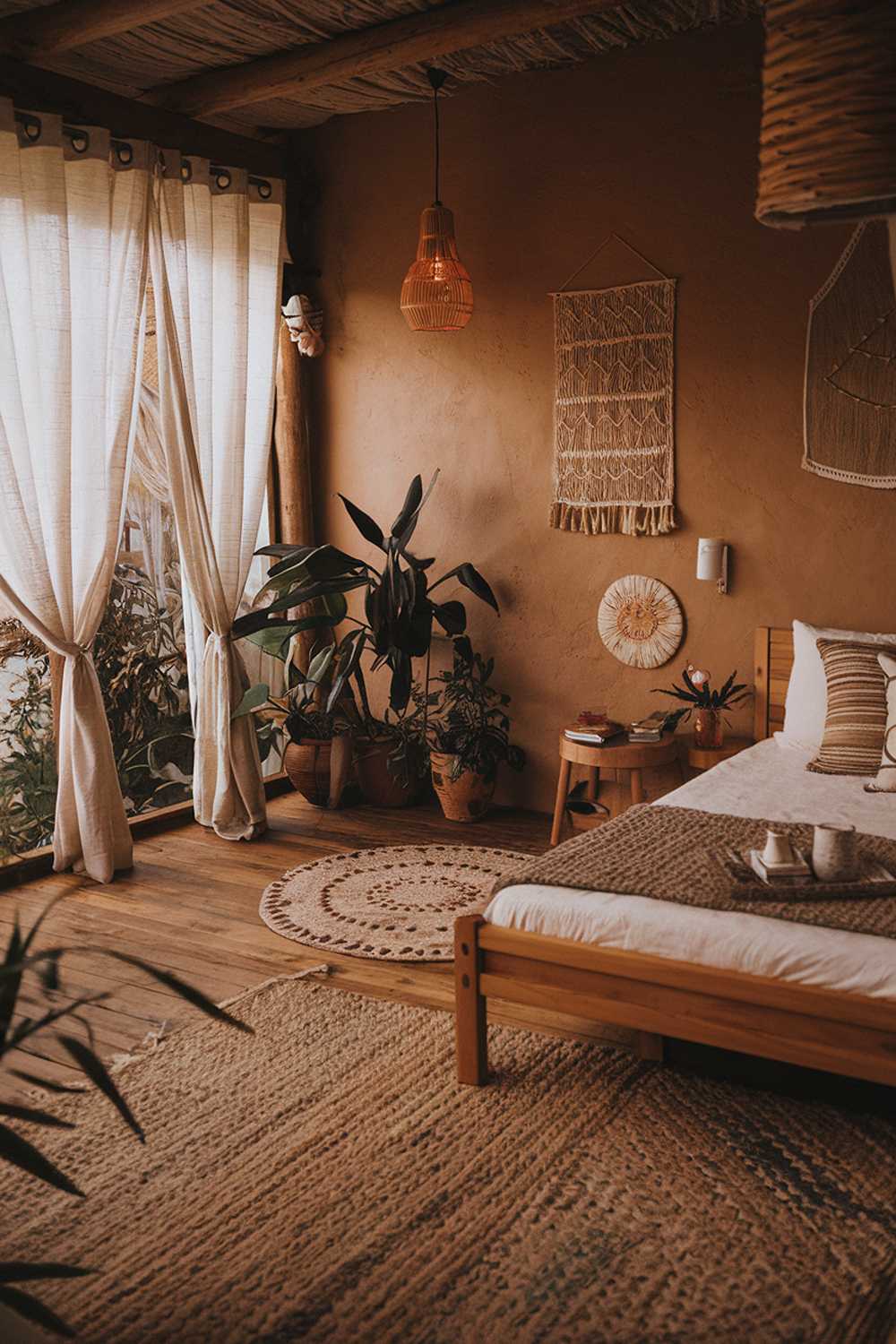 A cozy earthy bedroom with a natural design. The room has a wooden floor and is furnished with a queen-sized wooden bed, a bedside table, and a large rug. The wall has a few pieces of decorative art. There is a window with white curtains, and the room has a few potted plants. The lighting is warm.