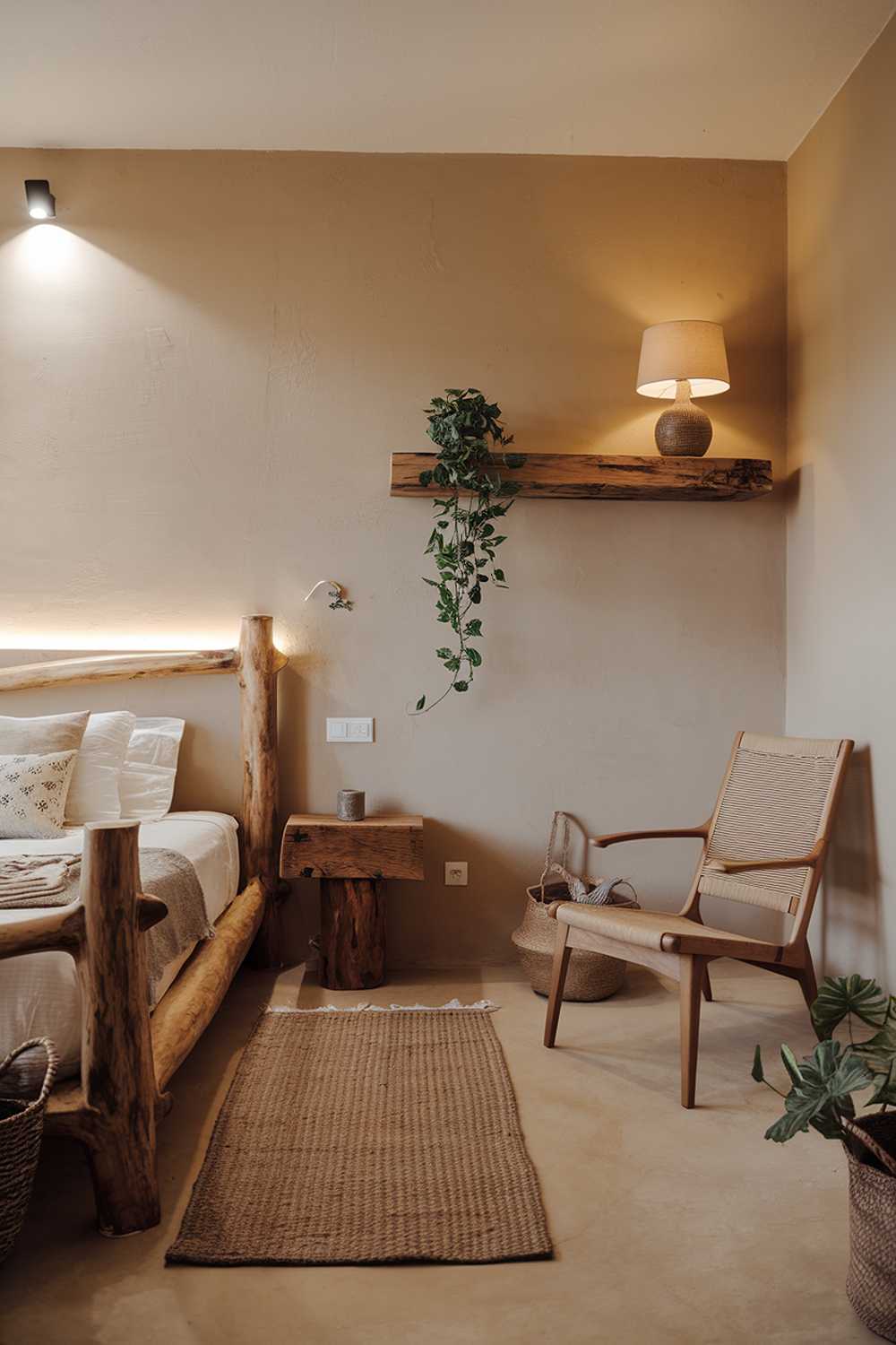 A cozy earthy bedroom with a natural design. The room has a wooden bed frame with a woven basket at the foot. There's a wooden nightstand beside the bed. On the wall, there's a wooden floating shelf with a plant and a lamp. The floor is covered with a woven rug. The room has a wooden chair in the corner. The walls are painted beige. There's a soft light above the bed.