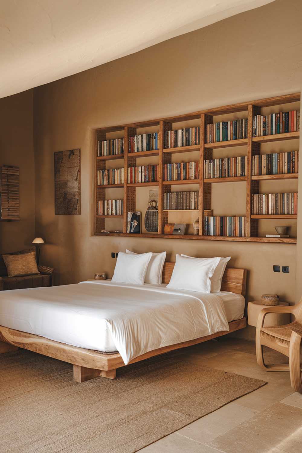 A cozy earthy bedroom with a natural design. The room has a wooden king-size bed with a white bedspread and two white pillows. The walls are painted beige, and there's a large wall-mounted wooden shelf filled with books. There's also a wooden chair near the bed. The floor is covered with a beige rug. The room has a warm lighting.