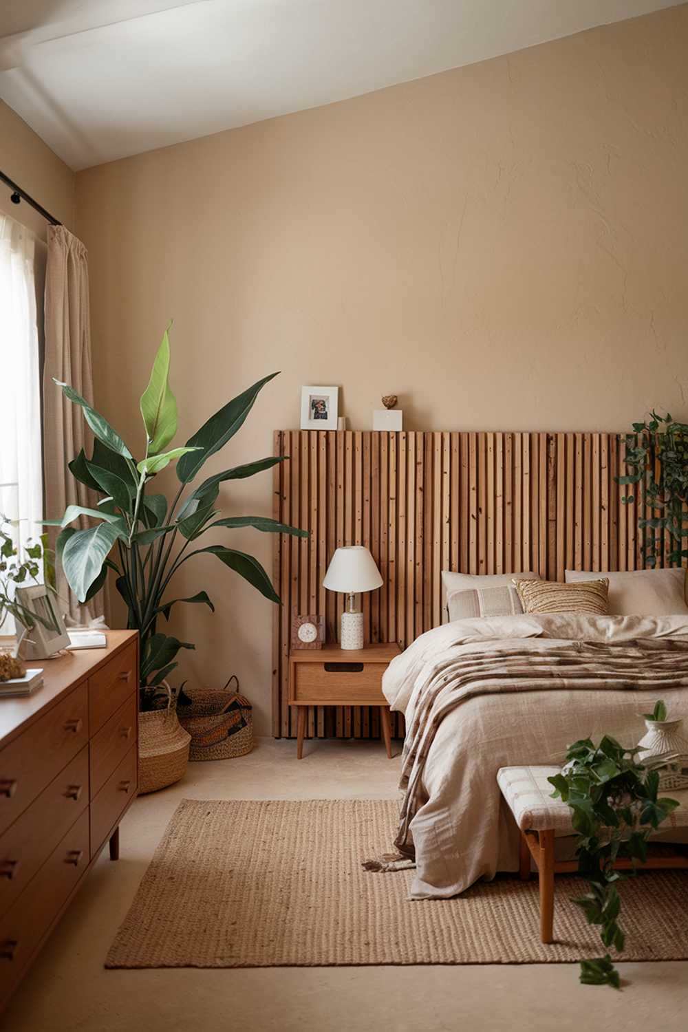 A cozy earthy bedroom with a natural design. The room has a wooden slat headboard and a wooden dresser. There's a green plant near the window. The walls are painted a soft beige color. The floor is covered with a beige rug. There's a white lamp on the wooden dresser. The room has a few personal items, such as a photo frame and a small decorative item.