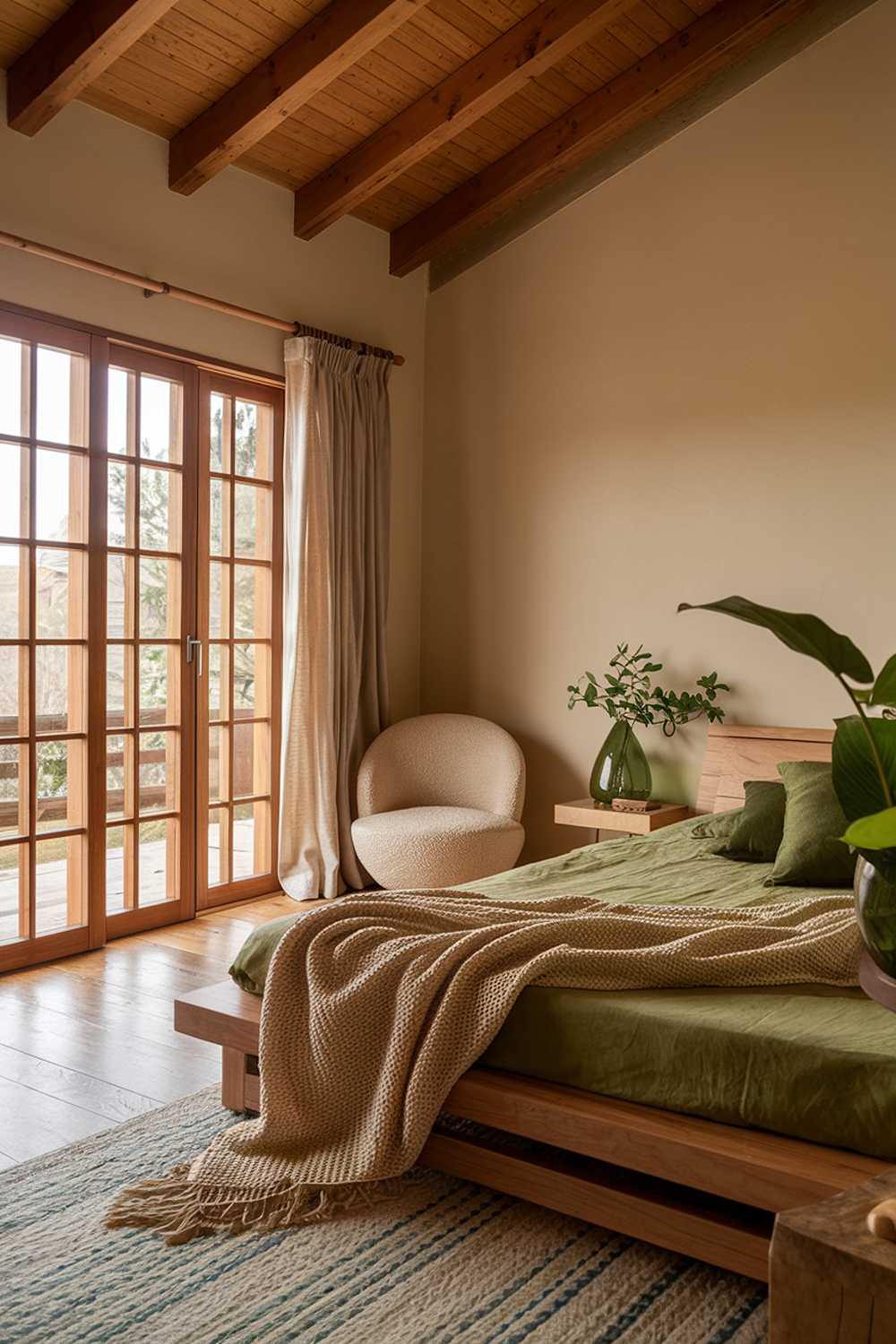 A cozy earthy bedroom with a natural design. The room has a wooden floor and a wooden ceiling. There is a large window with wooden frames. The walls are painted beige. There is a wooden bed with a green blanket and a beige throw pillow. There is a green plant on the wooden bedside table. There is a beige chair in the corner. The room has a few green decorative items.