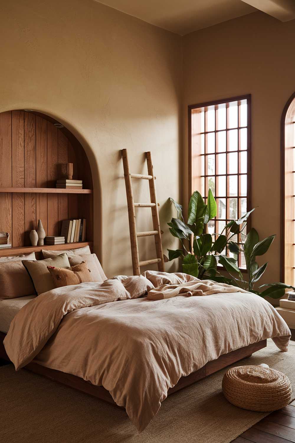 A cozy bedroom with a natural and earthy design. The walls are painted in a warm beige hue. There's a large wooden headboard with built-in shelves. The bed is covered with a beige duvet and multiple pillows. There's a green plant near the window. A wooden ladder is placed against the wall beside the bed. The floor is made of dark wood. The room has a large window with a wooden frame.