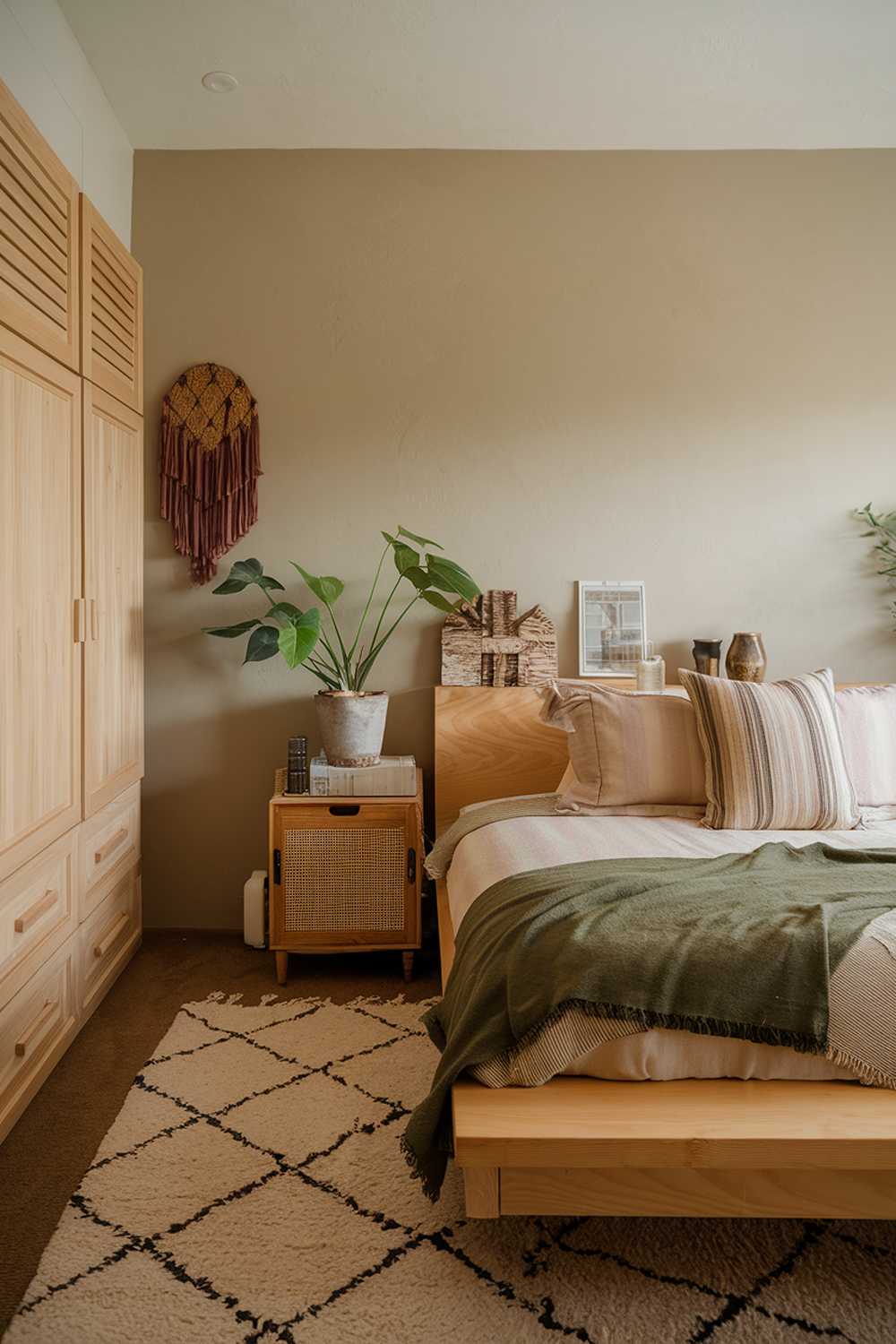 A cozy earthy bedroom with a natural design and decor. The room features a wooden platform bed with a green throw blanket and a beige throw pillow. There's a green plant on the bedside table. The walls are painted in a light beige color. The room has a wooden cabinet, a rug, and a few decorative pieces. The lighting is soft.