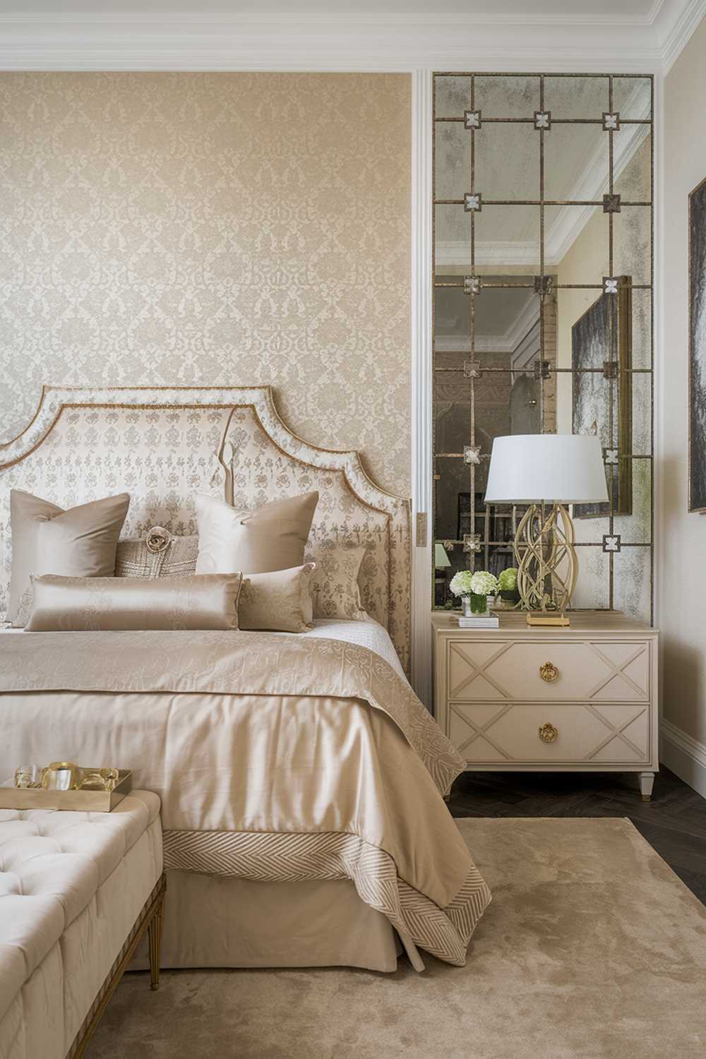 A stylish and classy elegant bedroom with a luxury design and decor. The room has a king-size bed with a beige and gold patterned headboard. There's a gold lamp on the nightstand. On the opposite wall, there's a large mirror with gold accents. The wall behind the bed has a beige and gold patterned wall covering. The floor is covered with a beige rug.