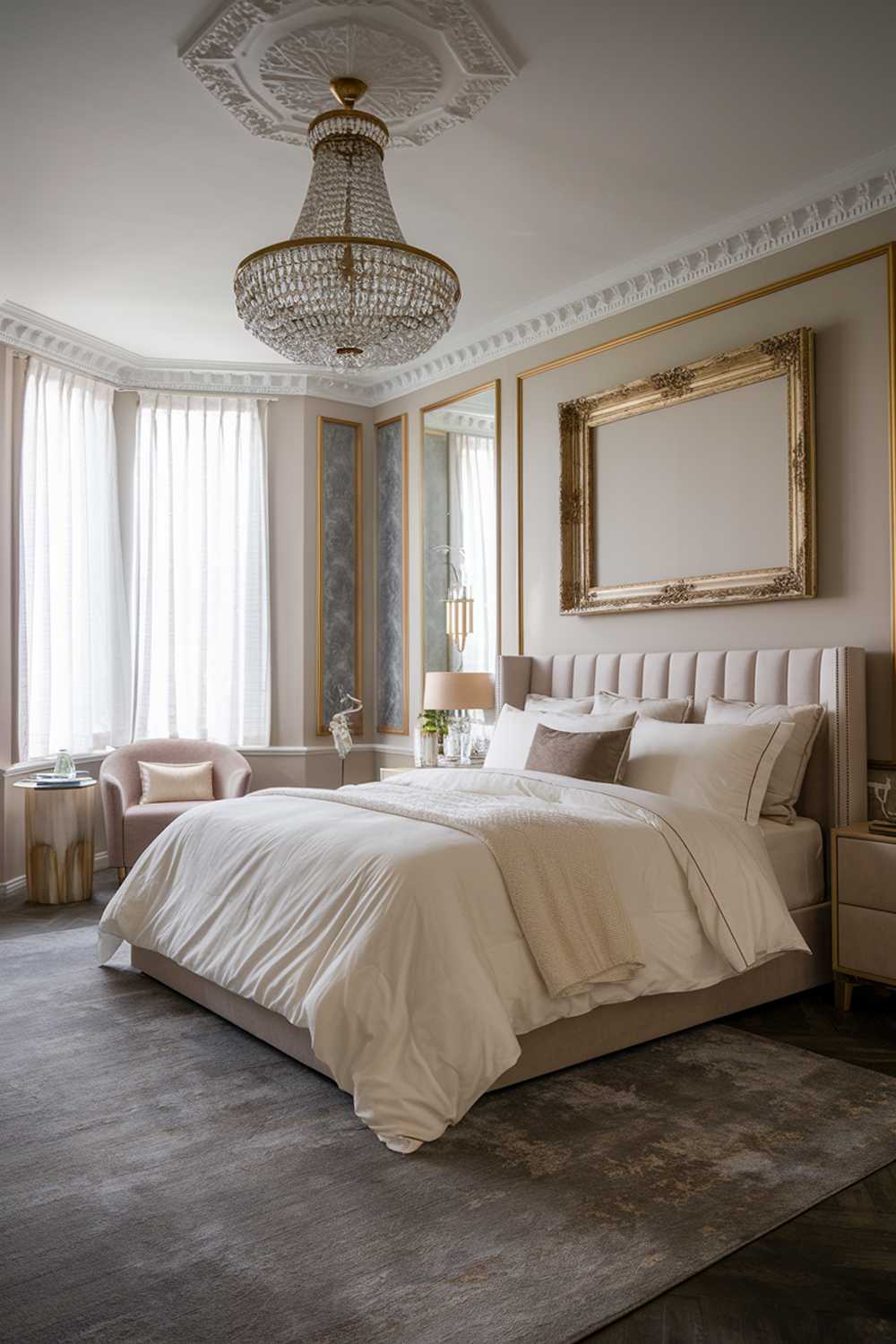 An elegant bedroom with a luxury design and decor. The room has a neutral color palette with hints of gold and grey. There is a king-size bed with a plush white duvet and a few pillows. On the wall above the bed, there is a large, ornate gold frame. The floor is covered with a grey rug. The room has a chandelier and a few pieces of furniture, including a nightstand and a chair. The windows have white curtains.