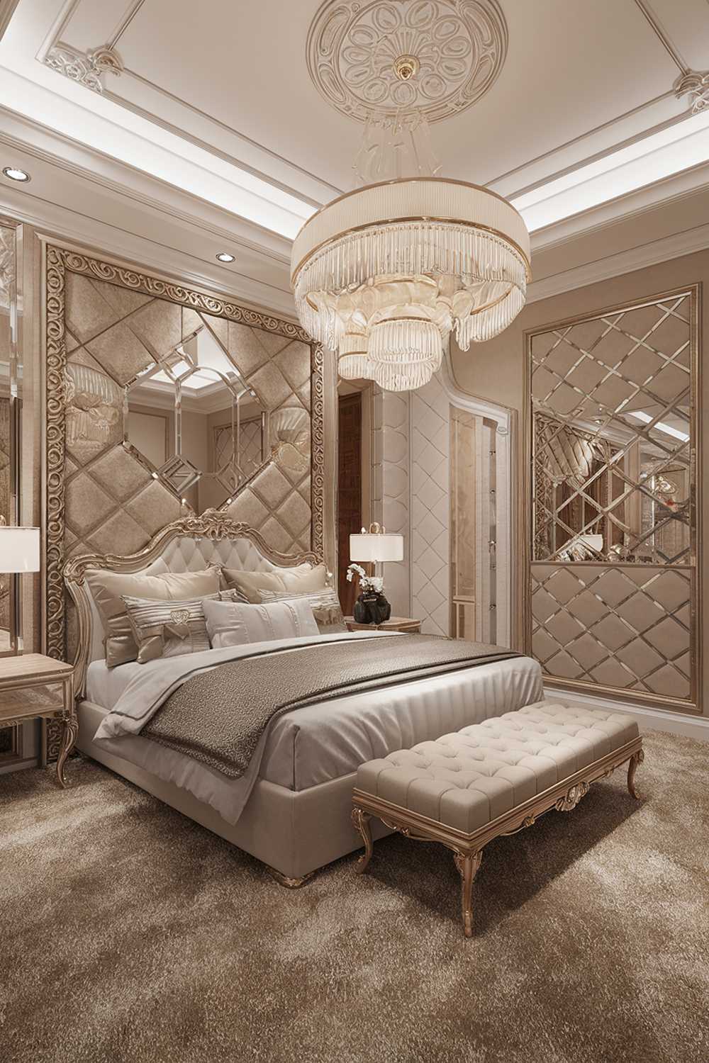 A classy elegant bedroom with a luxury design and decor. The room has a king-size bed with a plush mattress and a high-quality comforter. There is a large wall-mounted mirror with ornate gold frame. The room also has a luxurious chandelier hanging from the high ceiling. The walls are adorned with intricate gold patterns. The floor is covered with plush, beige carpeting.