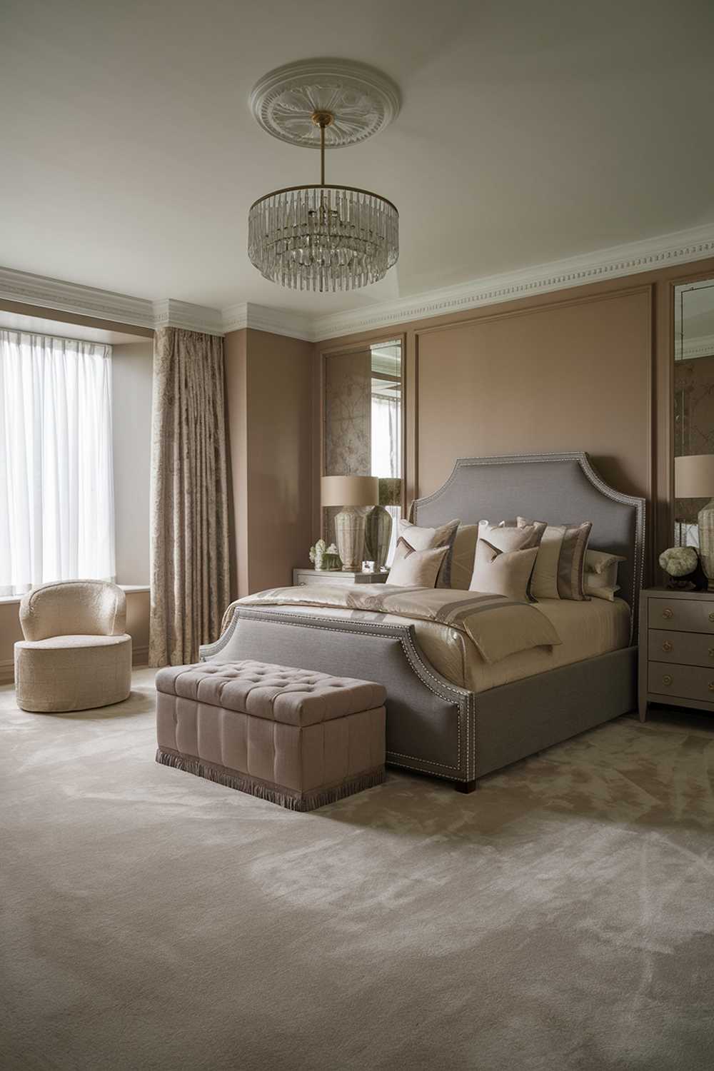 A stylish and classy elegant bedroom with a luxury design and decor. The room has a beige and grey color scheme, with a plush carpet, a large grey bed frame, and beige walls. There is a beige chair near the window, and a grey ottoman at the foot of the bed. The bed has a grey headboard and beige bedding. There are two beige lamps on either side of the bed. The room has a chandelier and a window with white curtains.