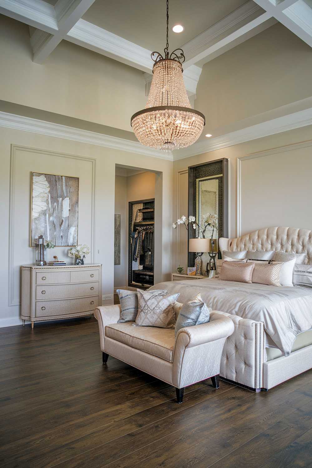 A styled and classy elegant bedroom with a luxury design and decor. The bedroom has a high ceiling, with a chandelier hanging above the king-size bed. The bed is placed near the wall and has a plush headboard. There's a dresser placed near the wall, opposite to the bed. The floor has a dark wood finish. The walls have a light color.