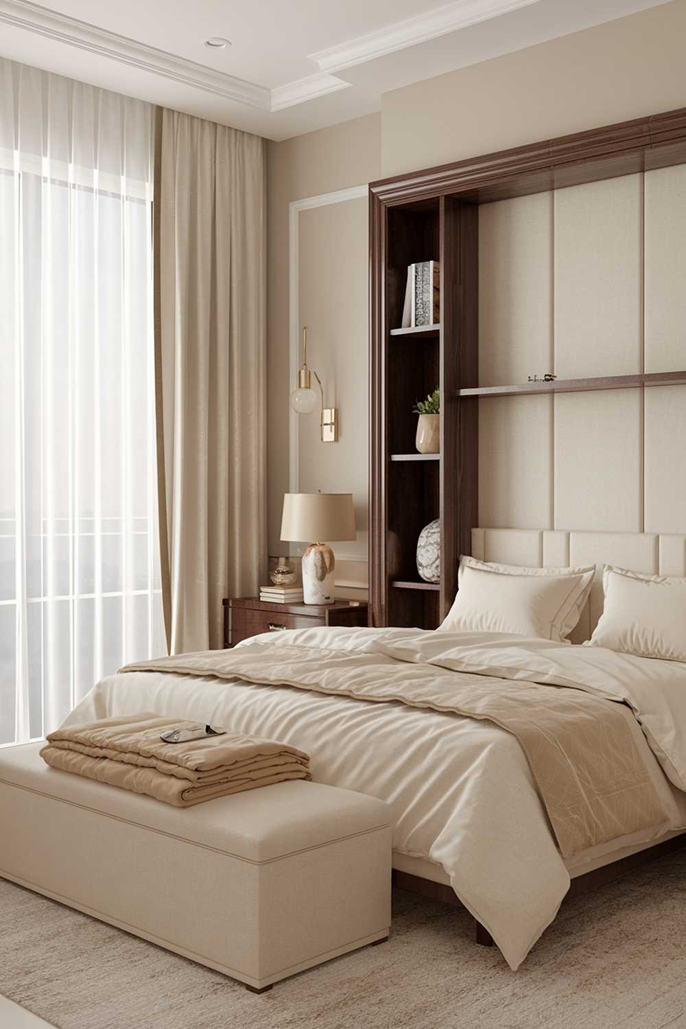 A stylish and classy elegant bedroom design. The room has a king-size bed with a beige duvet and two beige pillows. There's a beige blanket folded at the foot of the bed. The headboard is made of dark wood and has two light wood shelves. The walls are painted in a soft beige color. Near the bed, there's a dark wood nightstand with a beige lamp and a white decorative item. The room has a large window with white curtains. There's a beige rug on the floor.