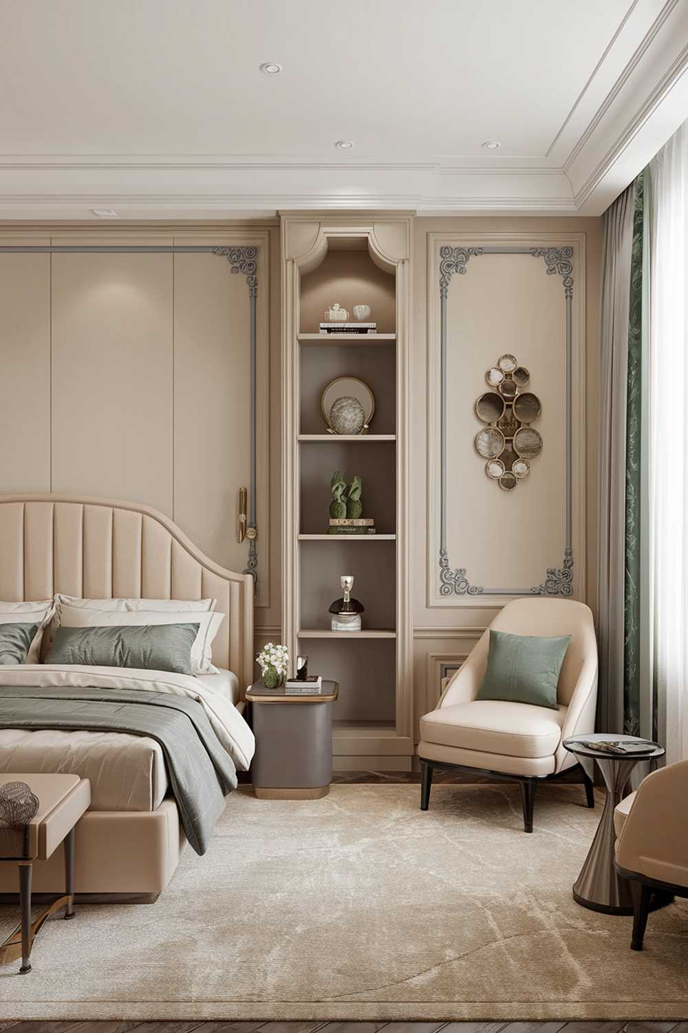 A stylish and classy elegant bedroom design with a highly detailed decor. The room has a beige and gray color scheme with a few pops of green. The room contains a king-size bed with a beige headboard and gray bedding. There's a gray side table next to the bed. On the far wall, there's a beige chair with a gray cushion and a tall gray shelf. The shelf has a few decorative items. The floor is covered with a beige rug. The room has a large window with gray curtains.