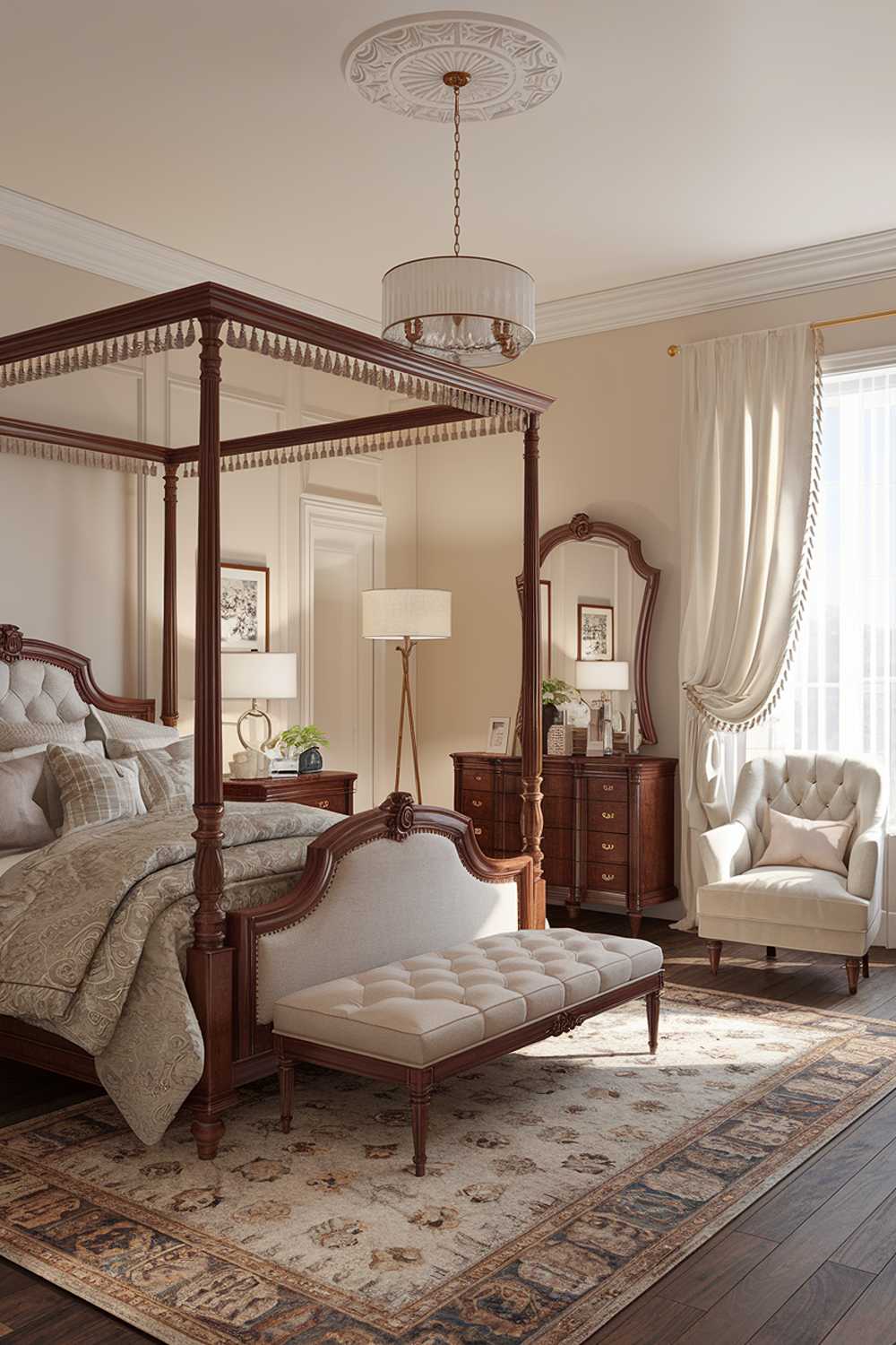 A stylish and classy elegant bedroom design and decor. The room has a king-size bed with a wooden frame and a plush, patterned bedspread. There's a plush chair in one corner. A floor lamp stands near the bed. A wooden dresser with a mirror is placed near the wall. The room has a rug, a table lamp on the dresser, and a window with white curtains. The walls are painted in soft beige.