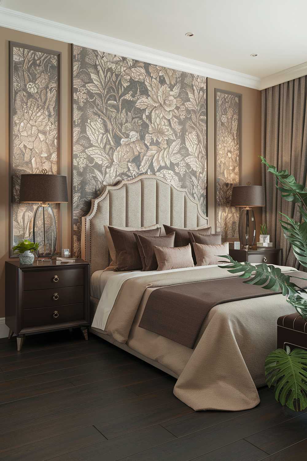 An elegant bedroom design and decor. The bedroom has a beige and dark brown color scheme with a hint of green. The bed is large and made with a beige blanket and brown pillows. There are two dark brown nightstands on either side of the bed. One has a lamp and a few items, while the other is empty. The walls have beige and dark brown wallpaper with a floral pattern. The floor is made of dark brown hardwood. There are a few green plants in the room, placed on top of the nightstand and on the floor.