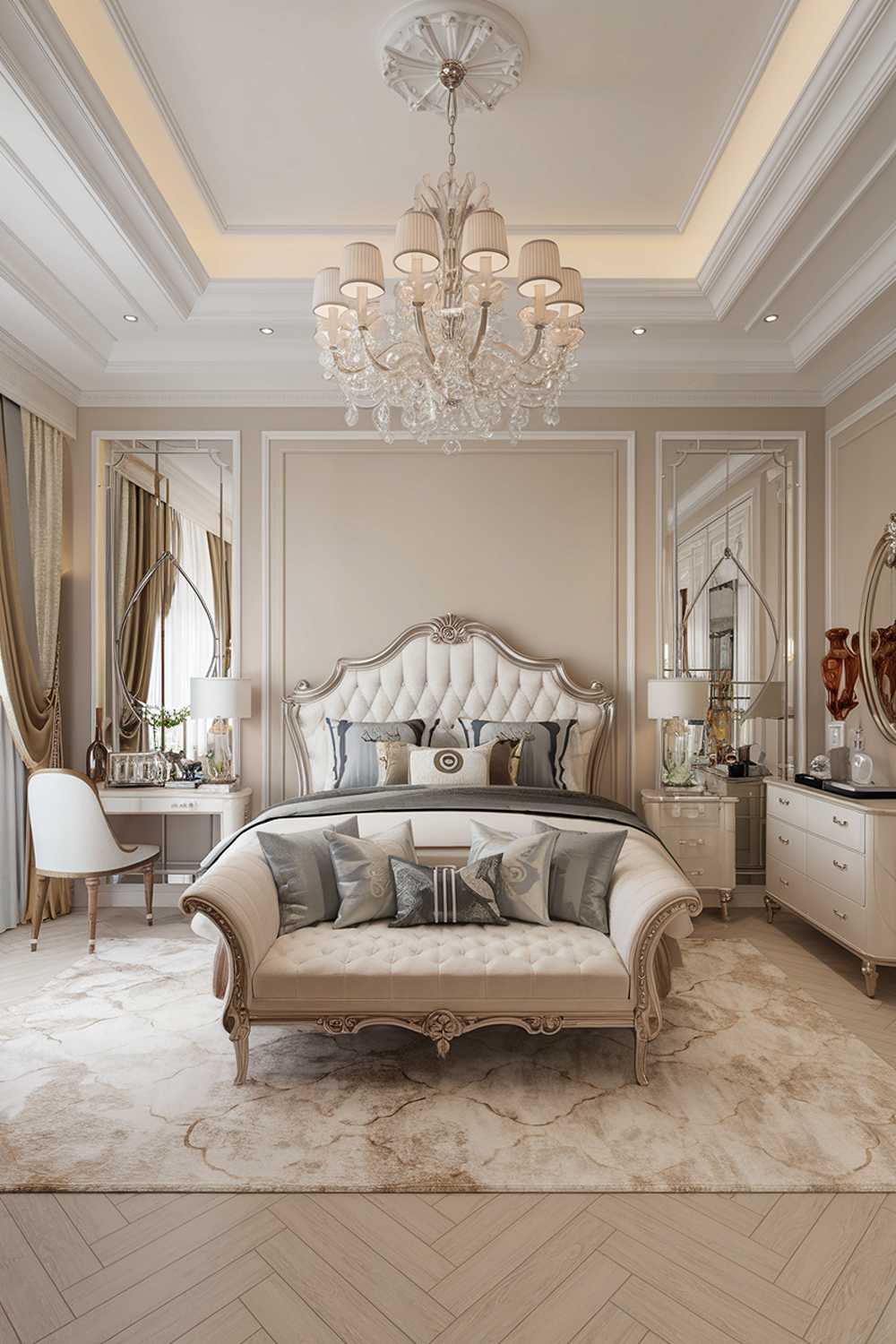 A luxury bedroom with a classy and elegant design. The room has a high ceiling, with a chandelier hanging above a king-size bed. The bed has a white headboard and is placed on a light wooden floor. The walls are painted in a soft beige color. There is a white dresser with a mirror and a few decorative items next to the bed. The room has a luxurious ambiance with its stylish decor.