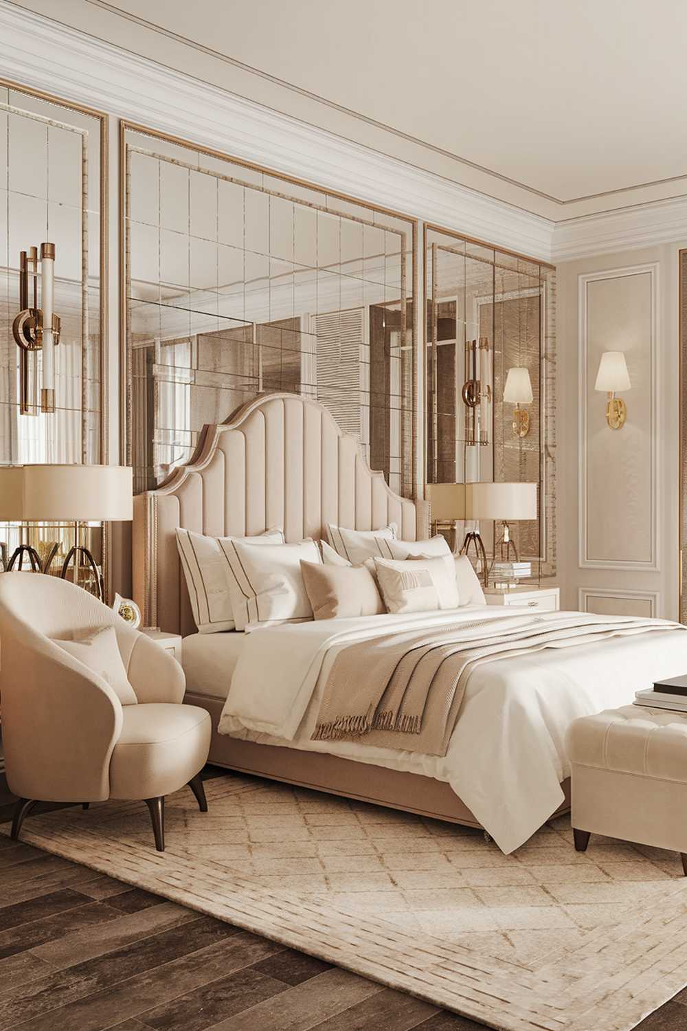 An elegant bedroom design with a luxury decor. The room features a large bed with a beige headboard and white bedding. There is a beige chair near the bed. The floor is covered with a beige rug. The walls are adorned with gold-framed mirrors and a gold sconce. The room also contains a white nightstand, a gold lamp, and a beige ottoman. The lighting is soft.