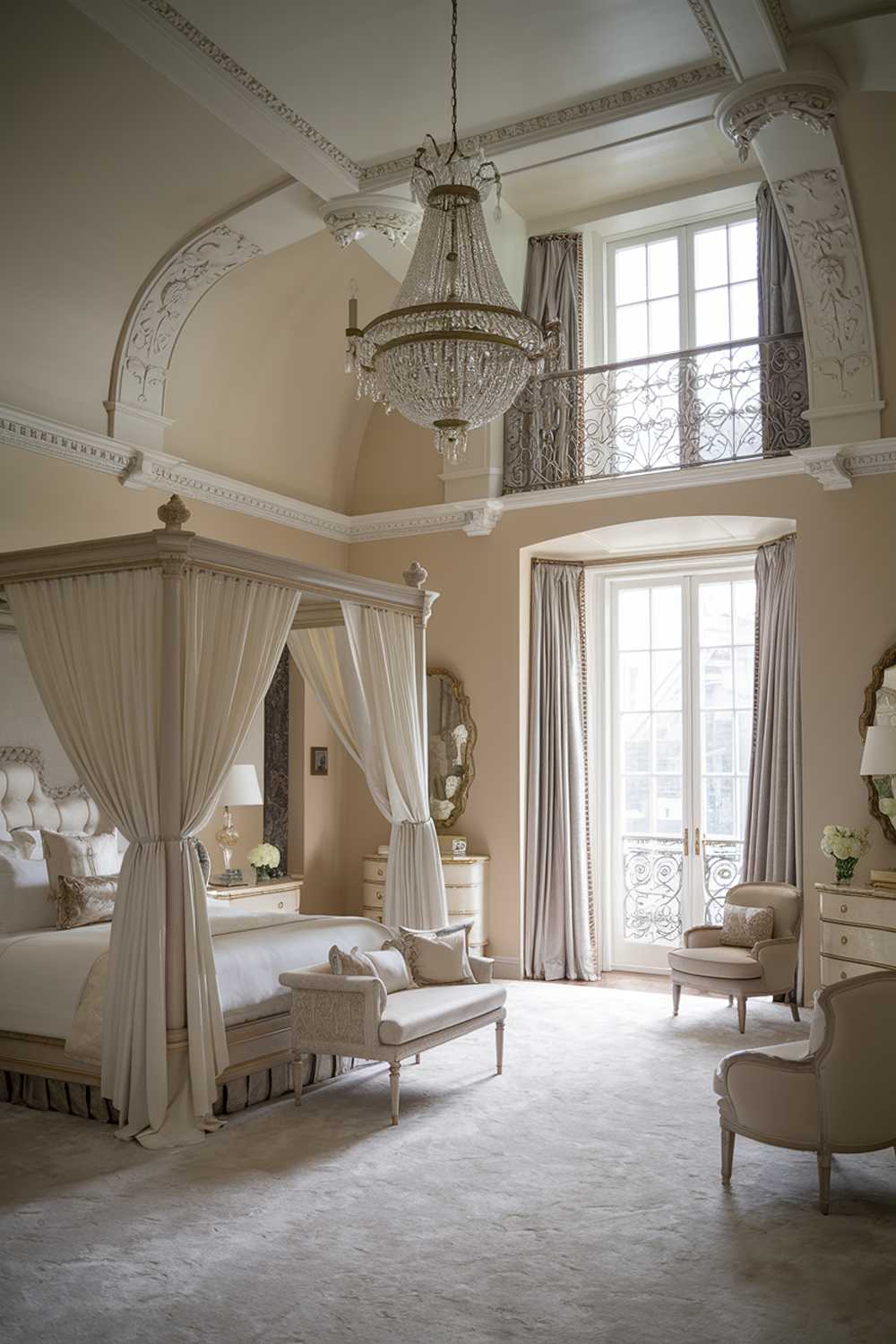 A luxurious and classy bedroom with a stylish and elegant design. The room has a high ceiling and is adorned with intricate details, such as the decorative moldings and the ornate chandelier. There's a large window with a wrought iron balcony. The room has a four-poster bed with a canopy made of white curtains. The floor is covered with a plush white carpet. There are also a few pieces of furniture, such as a nightstand, a dresser, and a chair. The walls are painted in a soft beige color.