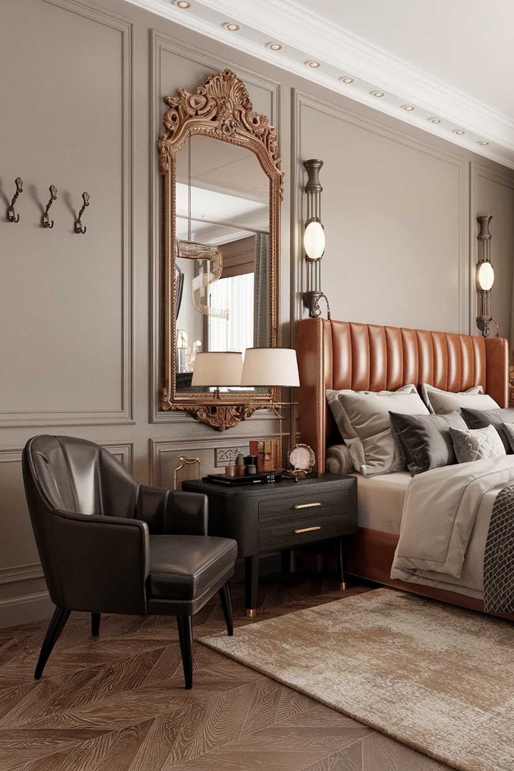 A stylish and classy elegant bedroom design with a luxury decor. The room has a king-size bed with a brown leather headboard. There's a large mirror on the wall near the bed. A black chair is placed near the bed. The floor is covered with a beige rug. The wall has a few hooks and a lamp.