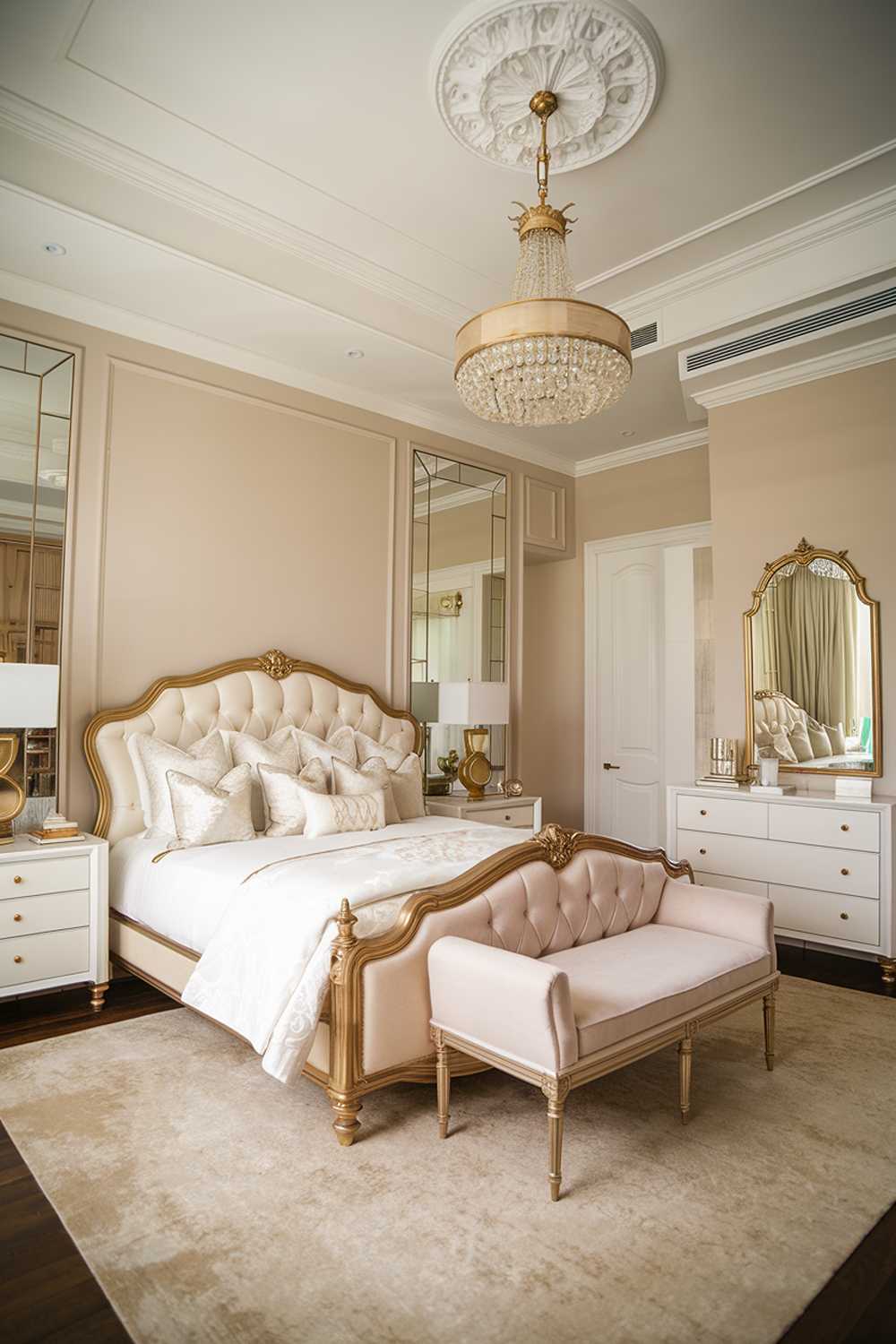 An elegant bedroom with luxury decor. The room has a high ceiling, with a chandelier hanging from the center. There is a king-size bed with a gold frame and white bedding. There is a white dresser and a gold mirror next to the bed. The walls are painted in a soft beige color. The floor is covered with a beige rug. There is a gold lamp on the nightstand.