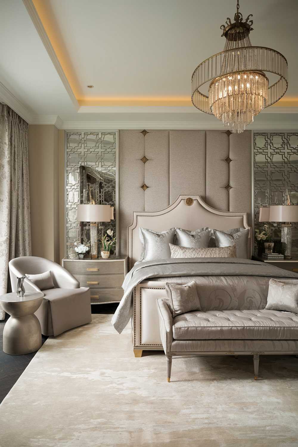 An elegant bedroom with a luxury decor. The room has a beige and gray color scheme. There is a king-sized bed with a beige headboard and gray bedding. The room features a luxurious chandelier, a gray chair near the bed, a beige rug, and a gray side table. The wall has a decorative pattern.