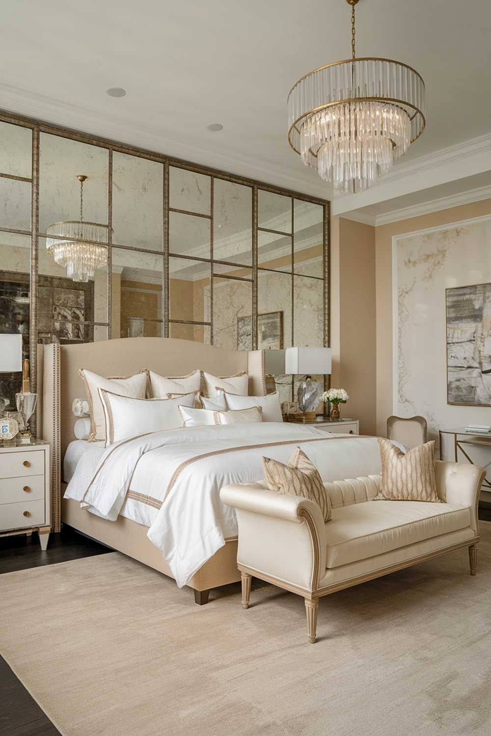 A classy elegant bedroom with a luxury decor. The room has a beige and white color palette, with a few pops of gold. There's a king-size bed with a beige headboard and white bedding. The bed is placed against a wall with a large, gold-framed mirror. The room has a chandelier, a few pieces of furniture, and a few decorative items. The floor is covered with a beige rug.