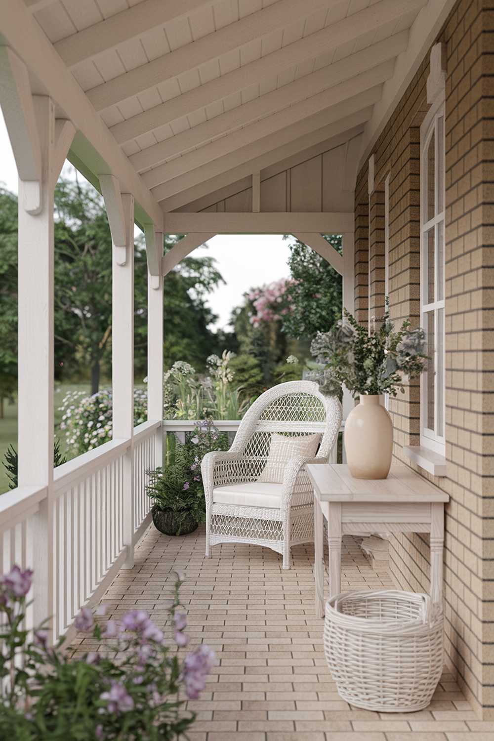 Cozy enclosed porch with beige brick walls, white wicker furniture, and lush garden views