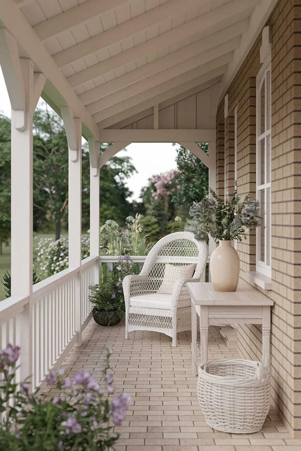 21 Enclosed Porch Ideas for Cozy and Stylish Outdoor Living 1 Cozy enclosed porch with beige brick walls, white wicker furniture, and lush garden views