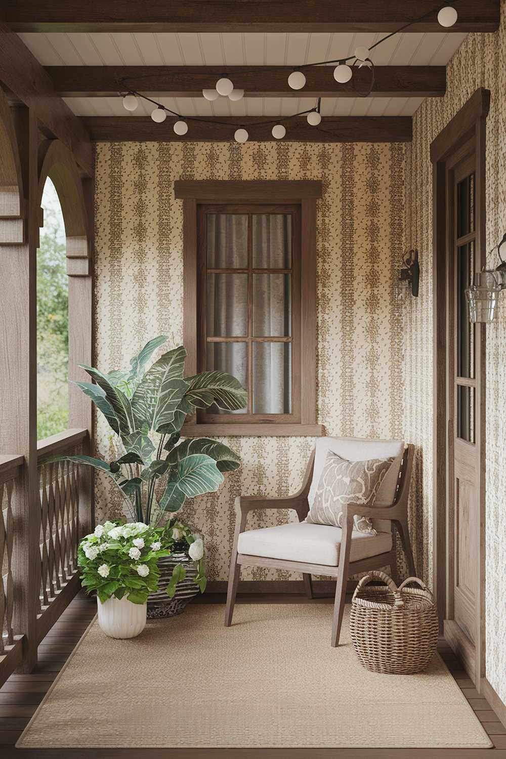 Enclosed porch featuring wooden beams, vintage furniture, and string lights creating a cozy atmosphere