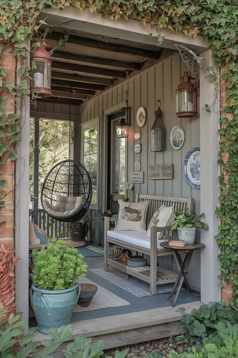 Cozy enclosed porch with vintage decor, hanging chair, and exposed wooden beams