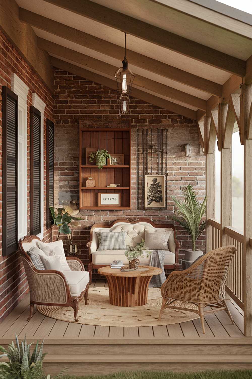 Rustic enclosed porch with vintage sofa, brick walls, and wooden beam ceiling