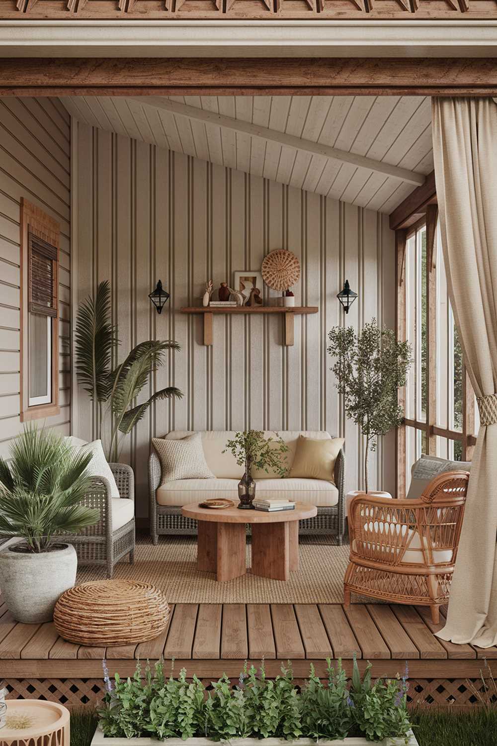 Small enclosed porch with beige sofa, wicker chair, and vintage decor elements