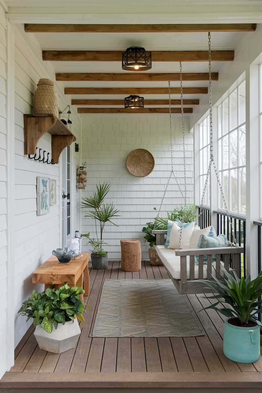 Enclosed porch featuring wooden swing, cushions, and rustic beam ceiling