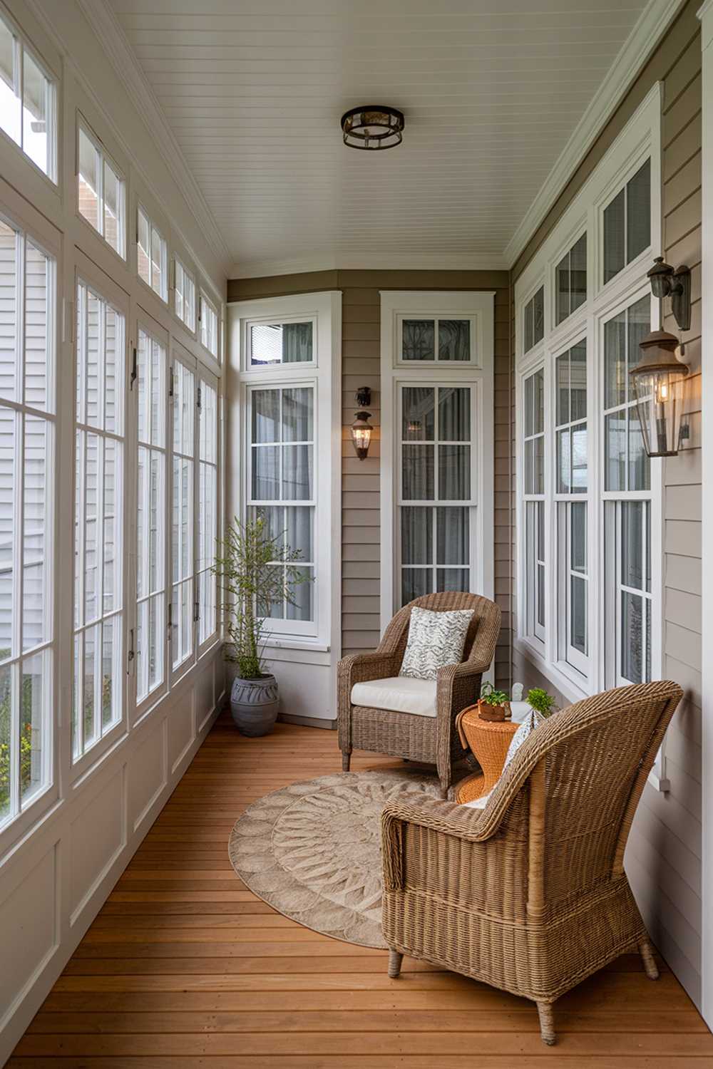 Bright enclosed porch surrounded by windows, featuring wicker furniture and beige walls