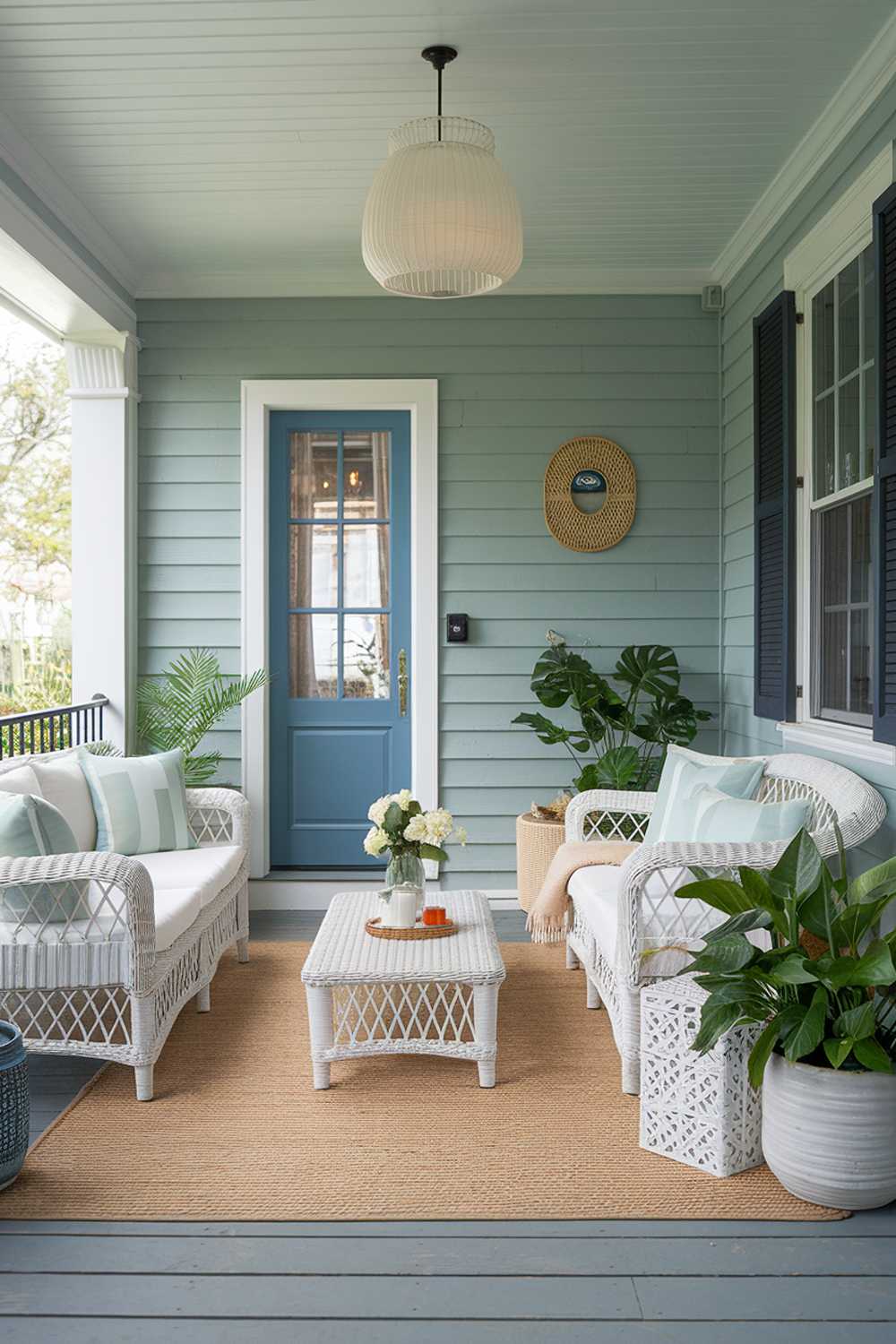 Small enclosed porch with white wicker furniture, blue accents, and wooden flooring