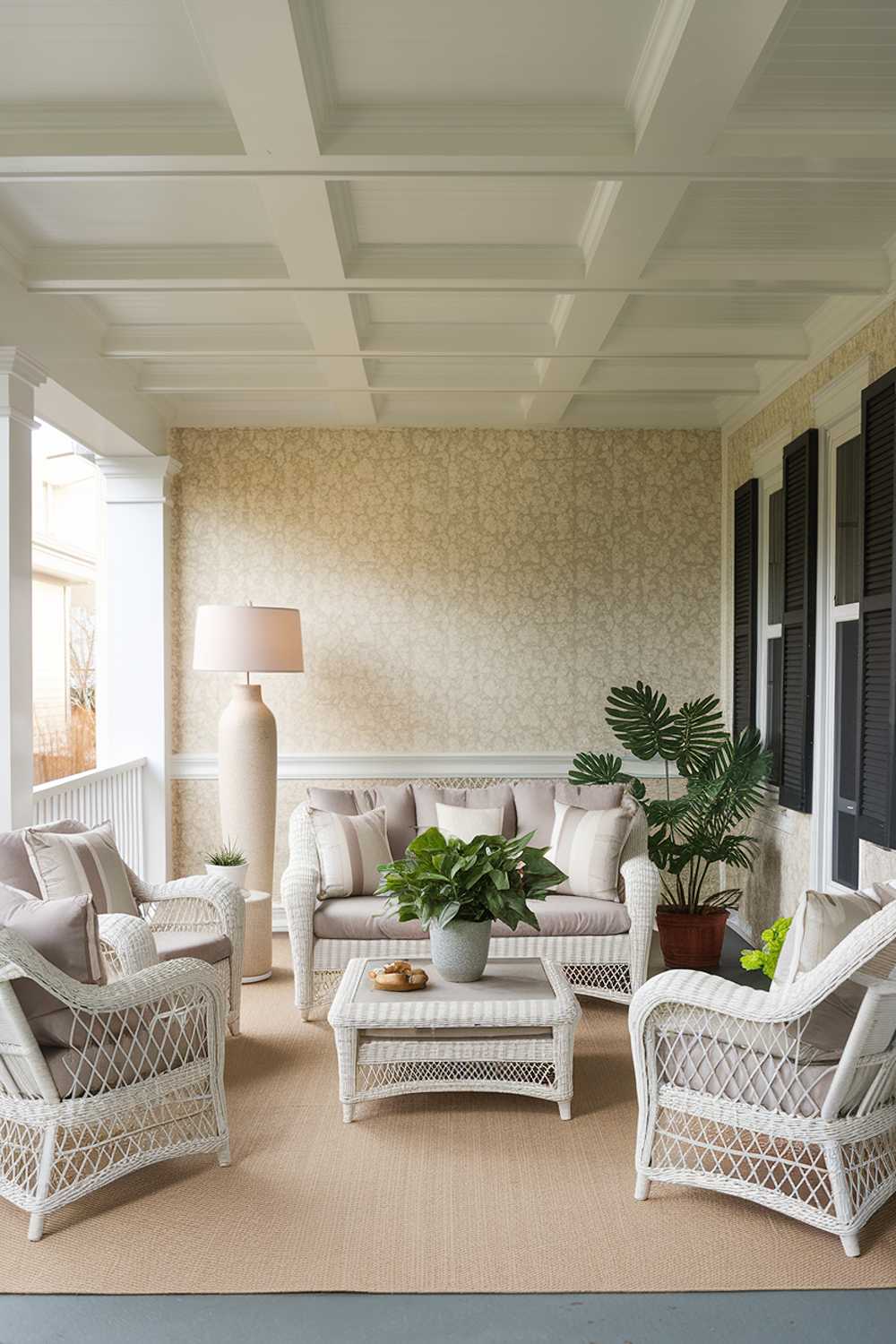 Enclosed porch with white wicker furniture, beige wallpaper, and elegant white beam ceiling