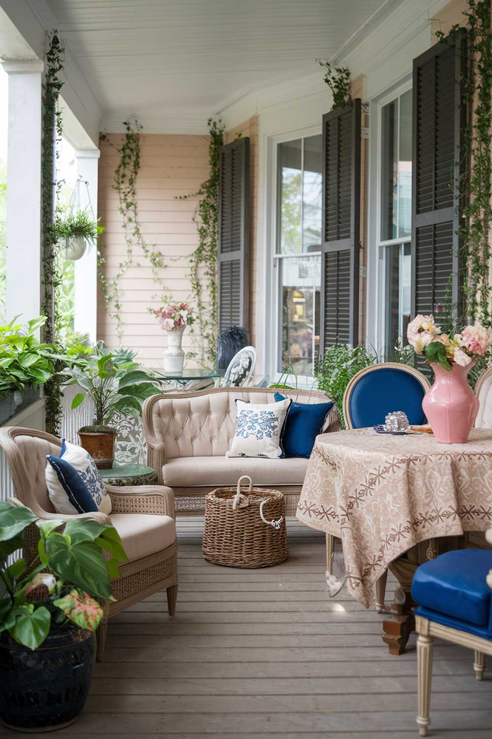 Cozy enclosed porch featuring beige sofa, blue accents, and wooden plank flooring