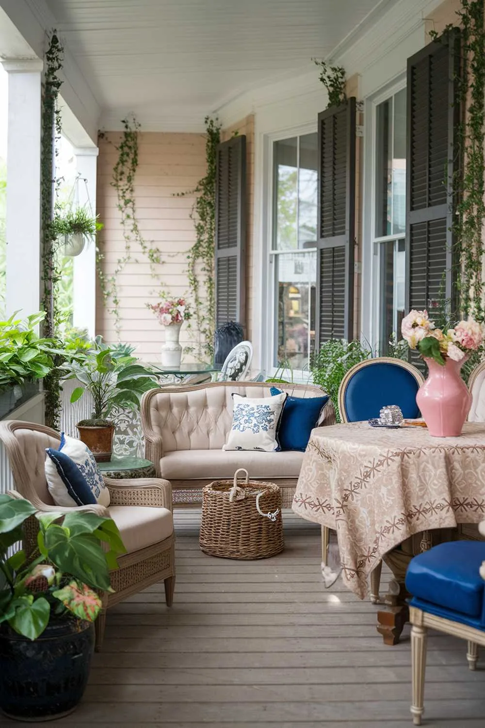 21 Enclosed Porch Ideas for Cozy and Stylish Outdoor Living 10 Cozy enclosed porch featuring beige sofa, blue accents, and wooden plank flooring