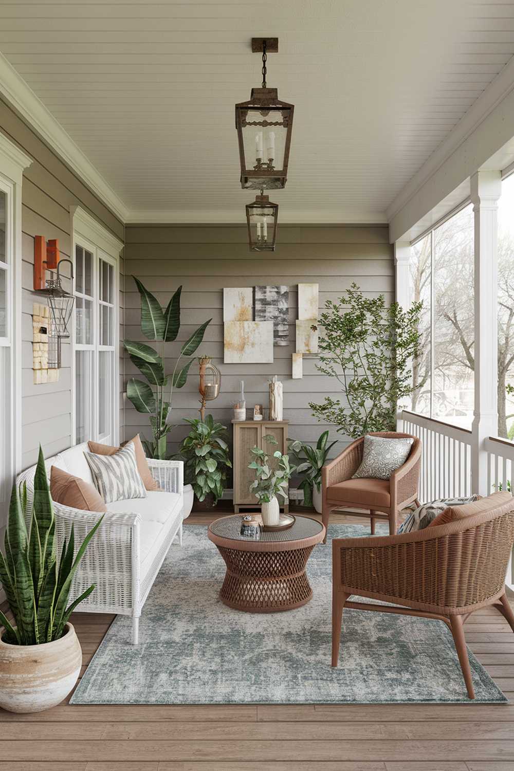 Enclosed porch with white and brown wicker furniture, glass coffee table, and artistic decor